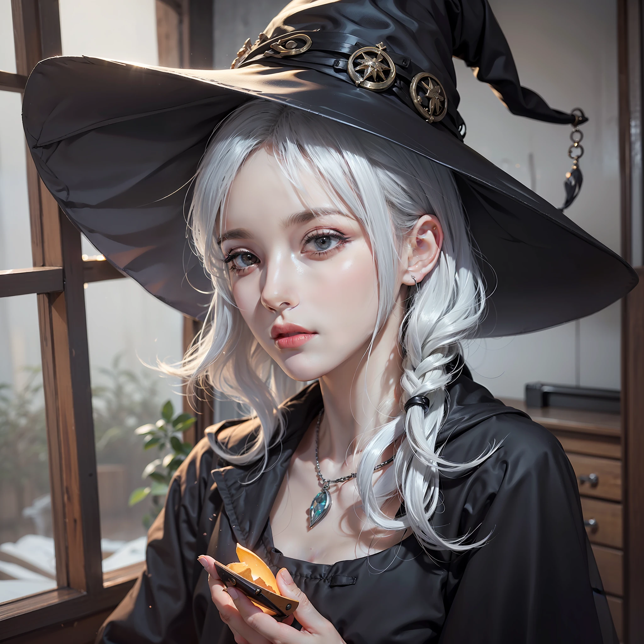 (masutepiece), (Best Quality), Photorealism, Realistic, ultra-detailliert, 8K resolution, (1girl in), Solo, Beautiful Girl, White hair, Witch, Front light, Cinematic Light, cold light, Dark background, Witch Hat, Indoor, mystery, Fantasy, Pumkin
