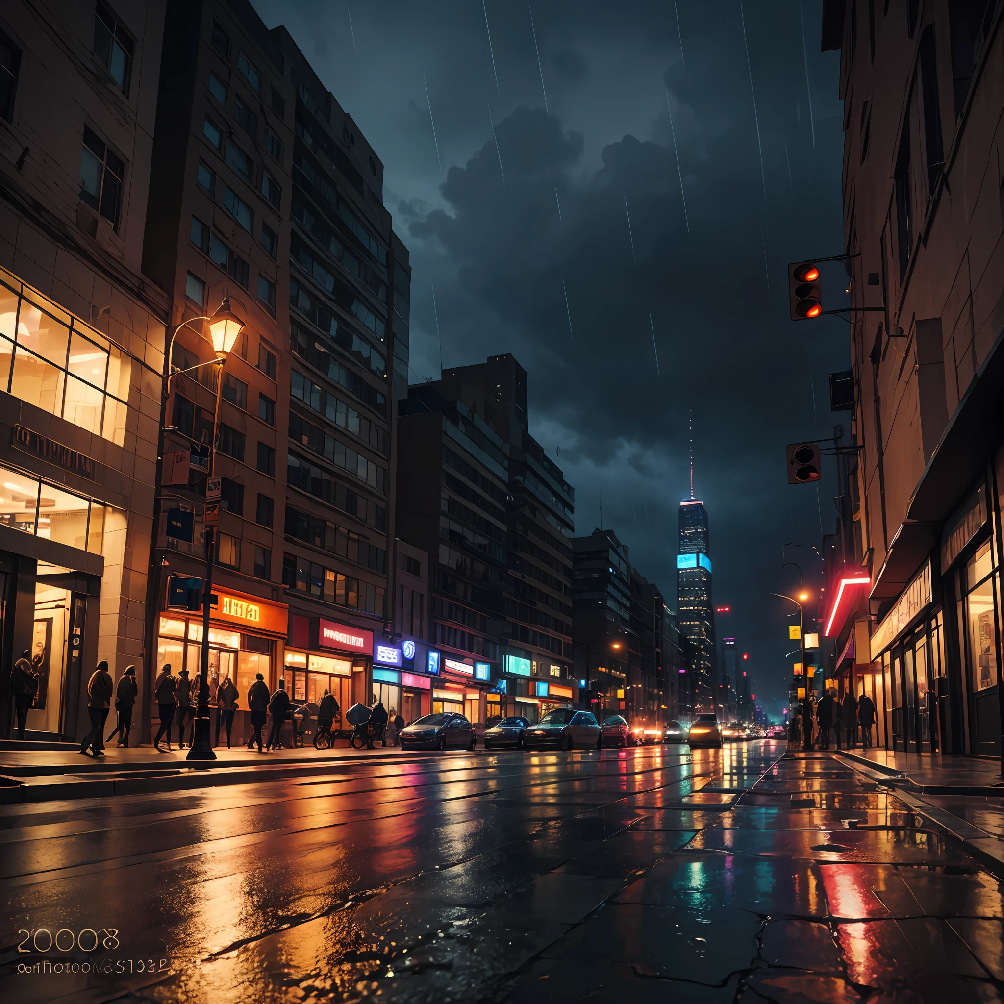 Photograph of 2000 American Street Corner at night, rain pouring down lit by street lamps with reflections in the floor, big skyscrapers in the background, color photo, color night lights, realistic --auto