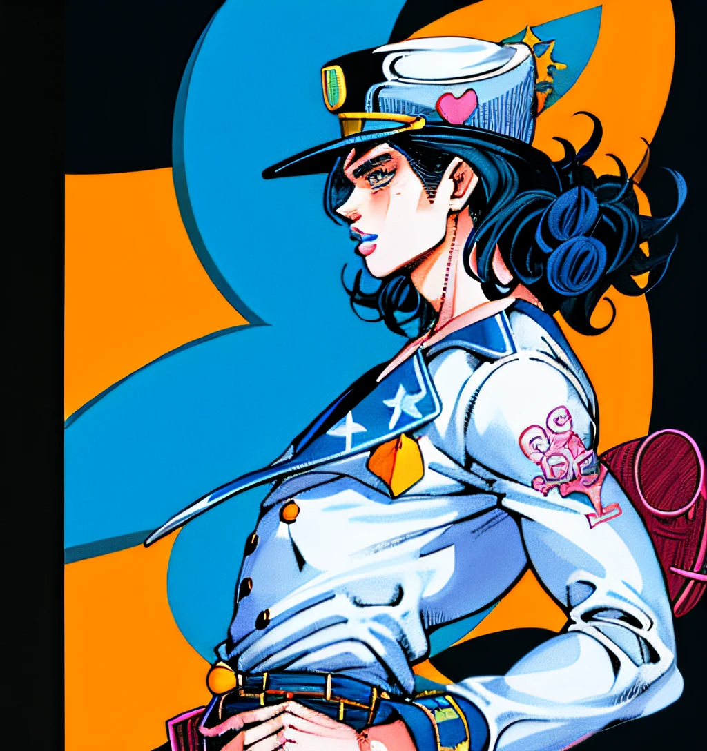 hat, ((solo focus)), closeup, ((arakistyle)) ((clothed)), wearing hat, wavy hair, man, blue lips, parted lips, posing, gappy, jojo:0.9, illustration, lineart, bold coloring, masterpiece, manga art, best quality, scan, color tones, illustration, anime, simple coloring, plane black background,