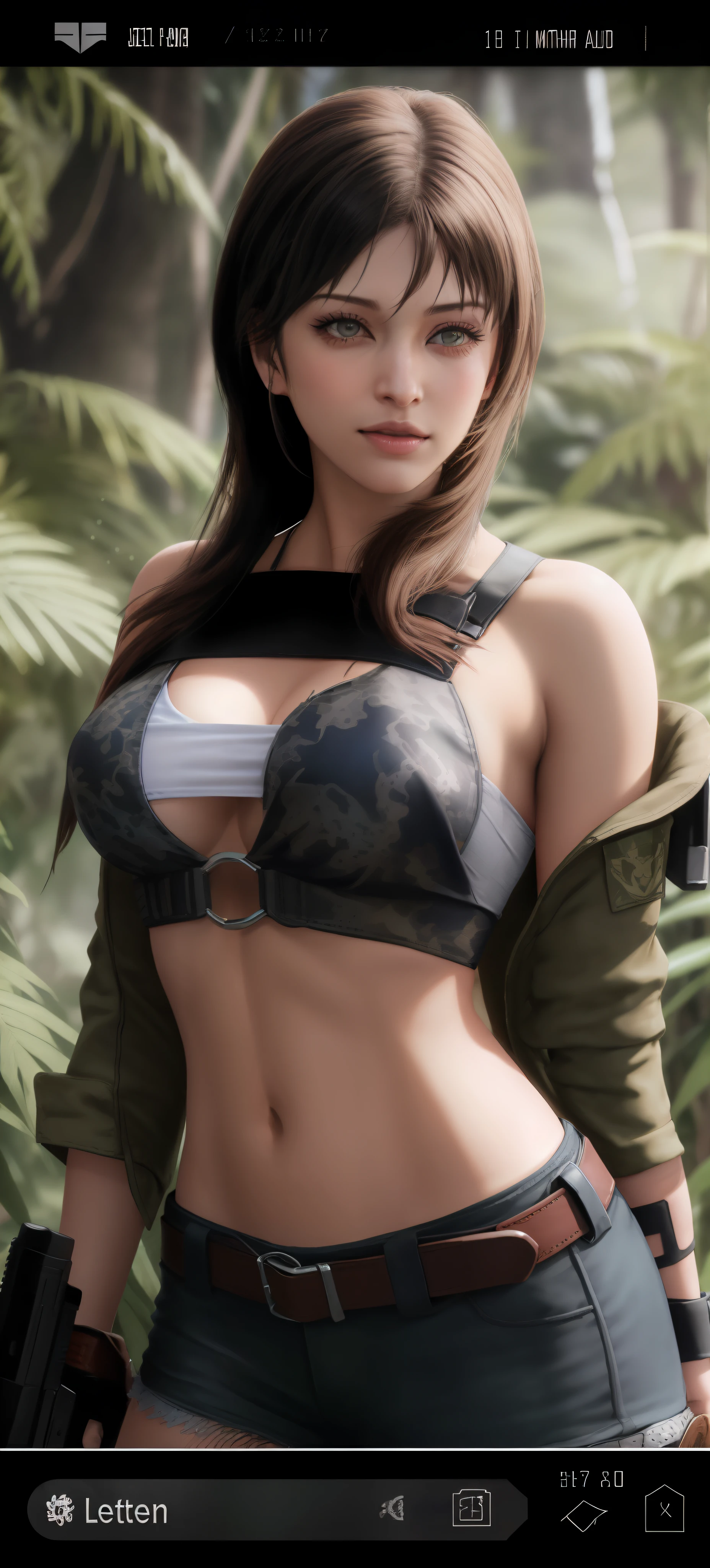 a close up of a woman in a bikini top and a gun, quiet from metal gear solid, quiet from metal gear solid v, Tifa Lockhart, loba andrade from apex legends, ff Tifa, Bikini + tattered military gear, tifa lockheart, gorgeous jungle ranger, glamorous jill valentine, close up half body shot, Charming Tifa Lockheart