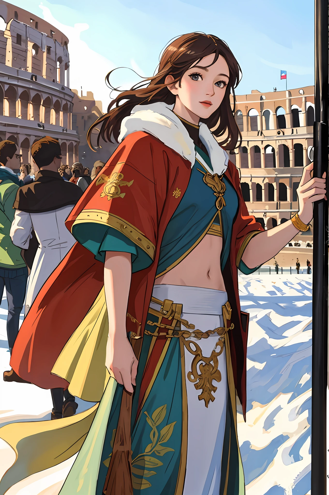 (Positive focus),2girls,duo,navel,(At the Colosseum,crowd,winter,Snowy),Surrealistic Female Portraits by David Hockney and Alphonse Mucha,Fantasy art,photograph realistic, Dynamic lighting,art stations,poster for,Volumetriclighting,Very detailed faces,4K,Award-Awarded,Fantastic costumes,Deep shadows,low tune,cowboy lens, (official outfit:1.4), looking at the camera in, Half-body shot,((Realistic face))),
