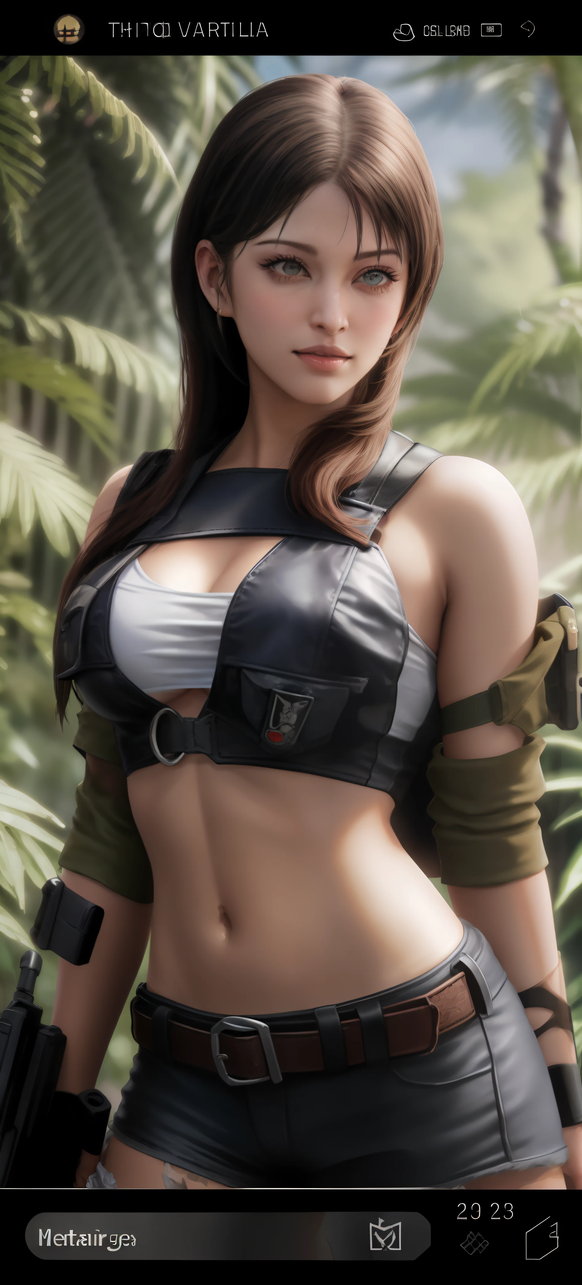 a close up of a woman in a bikini top and a gun, quiet from metal gear solid, quiet from metal gear solid v, Tifa Lockhart, loba andrade from apex legends, ff Tifa, Bikini + tattered military gear, tifa lockheart, gorgeous jungle ranger, glamorous jill valentine, close up half body shot, Charming Tifa Lockheart