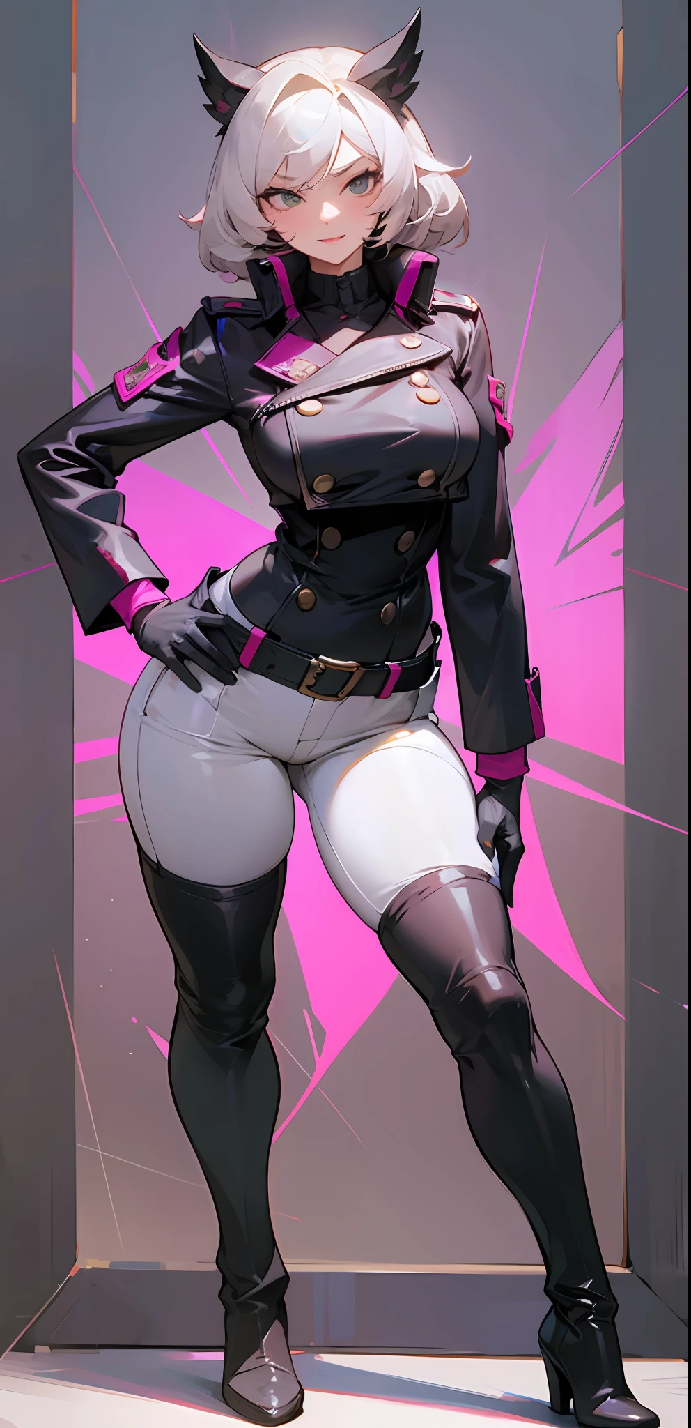 Mature female, standing, full body, authority, leather outfit, dominant, (muscular:0.5), long sleeves, gloves, double-breasted, black pants, black knee-high boots, white pants, slim, devious
