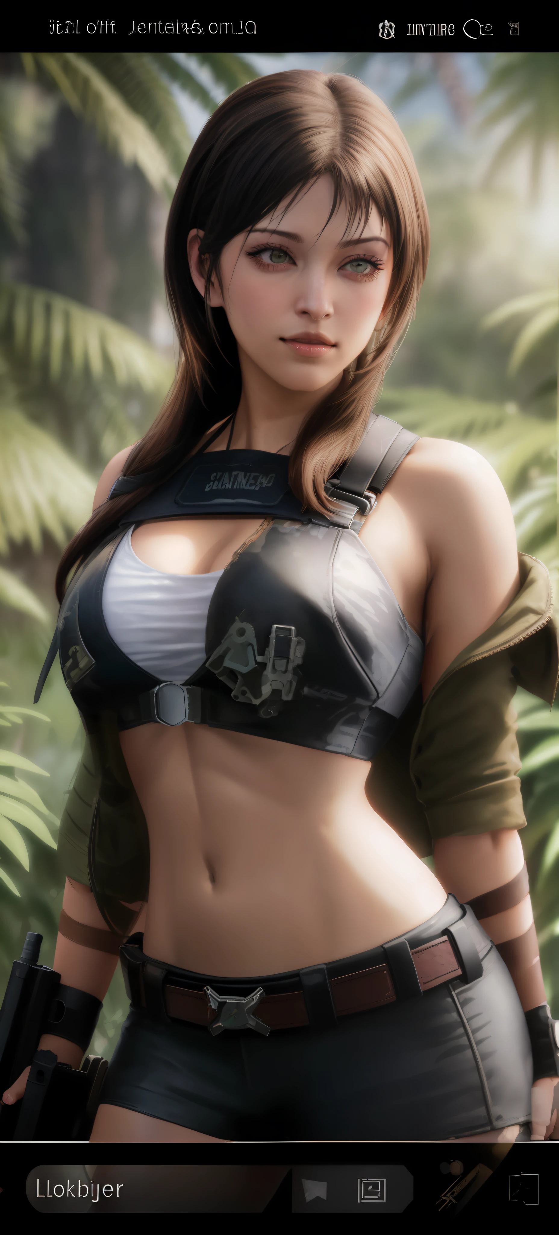a close up of a woman in a bikini top and a gun, quiet from metal gear solid, quiet from metal gear solid v, Tifa Lockhart, loba andrade from apex legends, ff Tifa, Bikini + tattered military gear, tifa lockheart, gorgeous jungle ranger, glamorous jill valentine, close up half body shot, Charming Tifa Lockheart