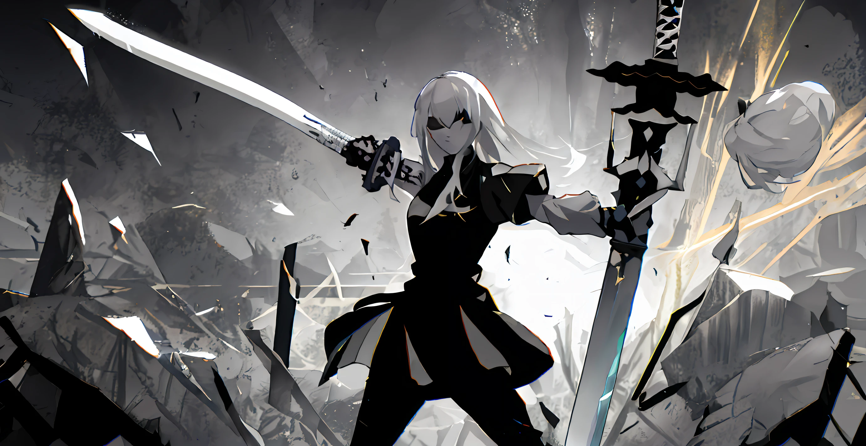 ,long whitr hair,whaite hair,Giant sword,Combat posture,spark of light