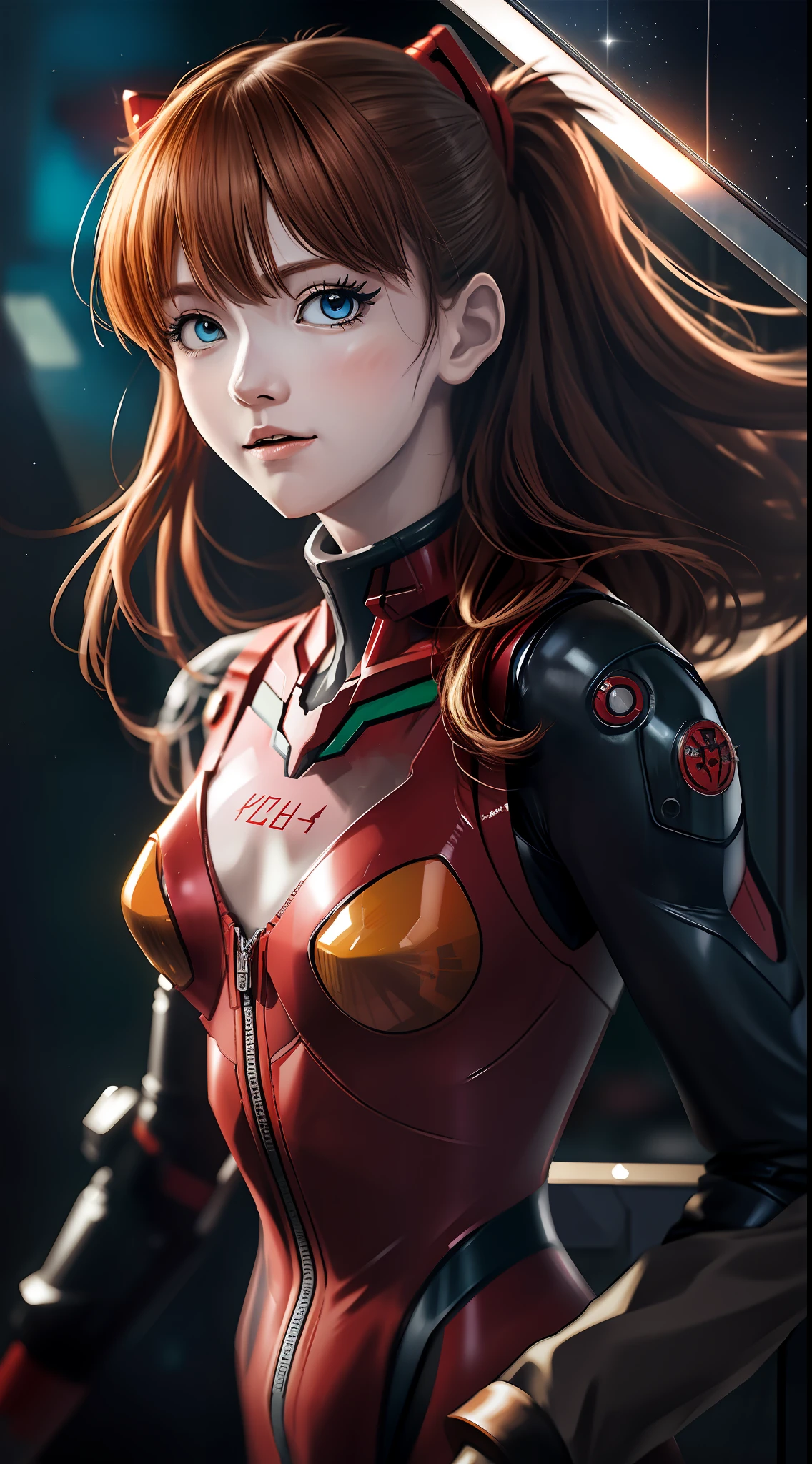 Shikiha Asuka Langre, ASUKA, Evangelion, EVA 02, wearing a red EVA pilot combat suit, high heels on her feet, tsundere girl, slender, juvenile, with almond-shaped sky blue eyes, long eyelashes, shiny lips, tsundere and playful expression, full body portrait, hair bobbles, longeyelashes, light smile, ear blush, fang, blonde hair, twintails, heart-shaped pupils, Surrealism, drop shadow, stereogram, tachi-e, pov, atmospheric perspective, Futurism, anime style, cinematic lighting, sparkle, ray tracing, drop shadow, speed lines, tachi-e, diffraction spikes, f/16, 8k, super detail, ccurate, best quality, retina, masterpiece, award winning, textured skin
