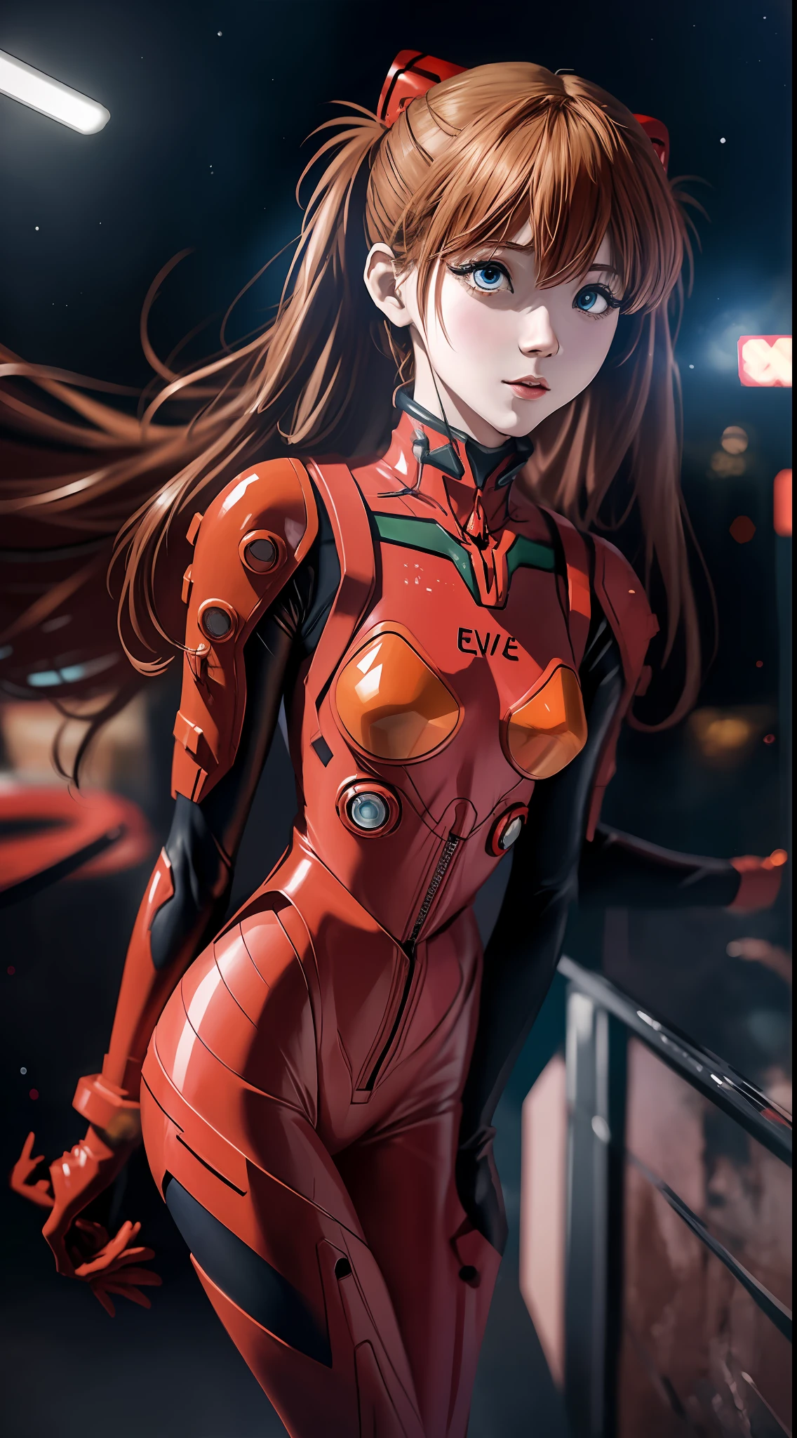 Shikiha Asuka Langre, ASUKA, Evangelion, EVA 02, wearing a red EVA pilot combat suit, high heels on her feet, tsundere girl, slender, juvenile, with almond-shaped sky blue eyes, long eyelashes, shiny lips, tsundere and playful expression, full body portrait, hair bobbles, longeyelashes, light smile, ear blush, fang, blonde hair, twintails, heart-shaped pupils, Surrealism, drop shadow, stereogram, tachi-e, pov, atmospheric perspective, Futurism, anime style, cinematic lighting, sparkle, ray tracing, drop shadow, speed lines, tachi-e, diffraction spikes, f/16, 8k, super detail, ccurate, best quality, retina, masterpiece, award winning, textured skin