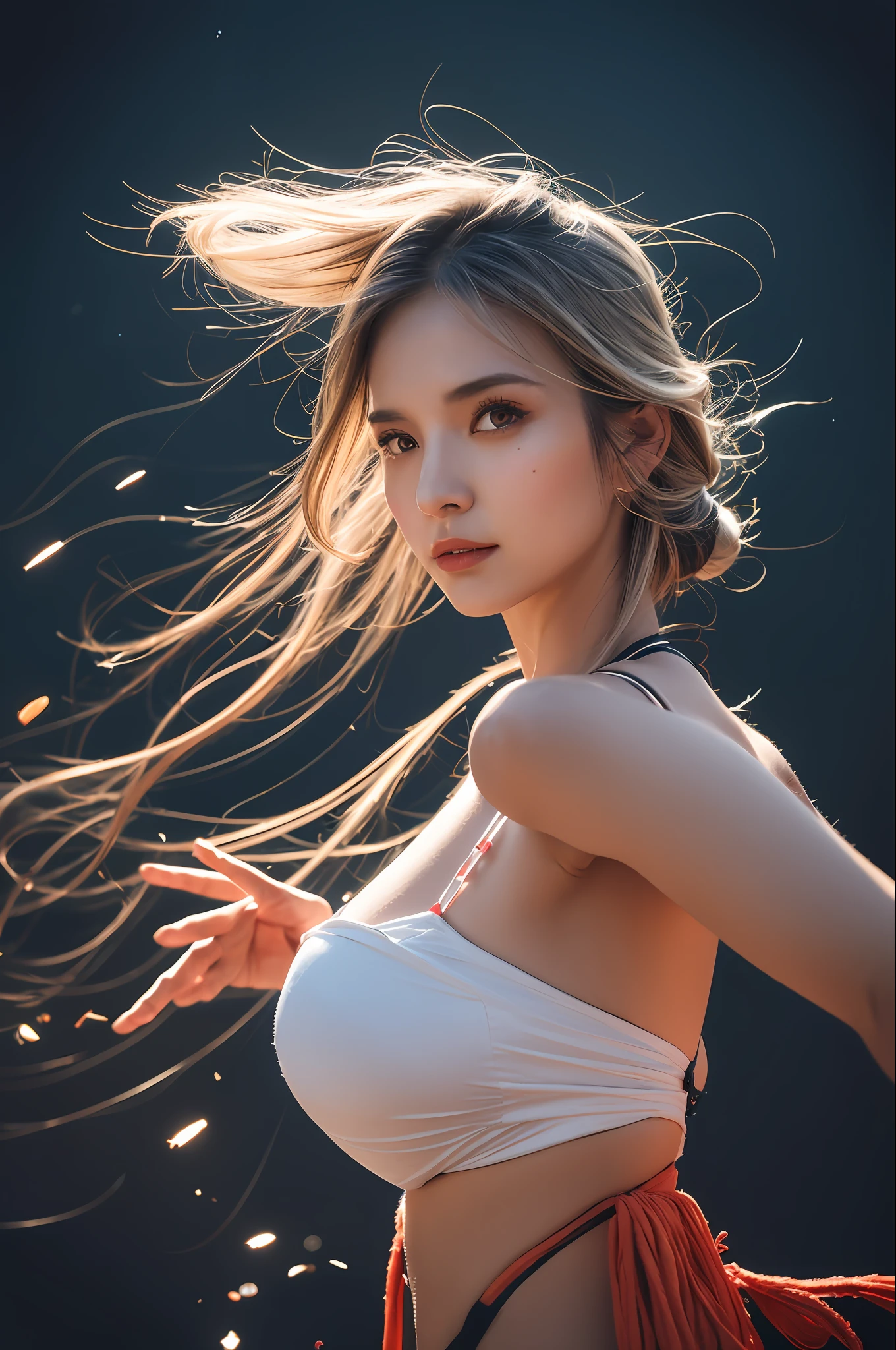 Photo of a hot aunt , highlighted gray hair , samurai shoulder armor, chest covered by bra , particle,wind ,flames ,backlighting,rim lighting,upper body,hot pose, small breast, swordwoman, woman with a sworm, dynamic pose, one woman holding sword, (masterpiece:1.2), (best quality), (ultra detailed), (8k, 4k, intricate),(full-body-shot:1), (85mm),light particles, lighting, (highly detailed:1.2),(detailed face:1.2), (gradients), sfw, colorful,(detailed eyes:1.2)(detailed background),detailed landscape, (dynamic angle:1.2), (dynamic pose:1.2), (rule of third_composition:1.3), (Line of action:1.2), moody lighting