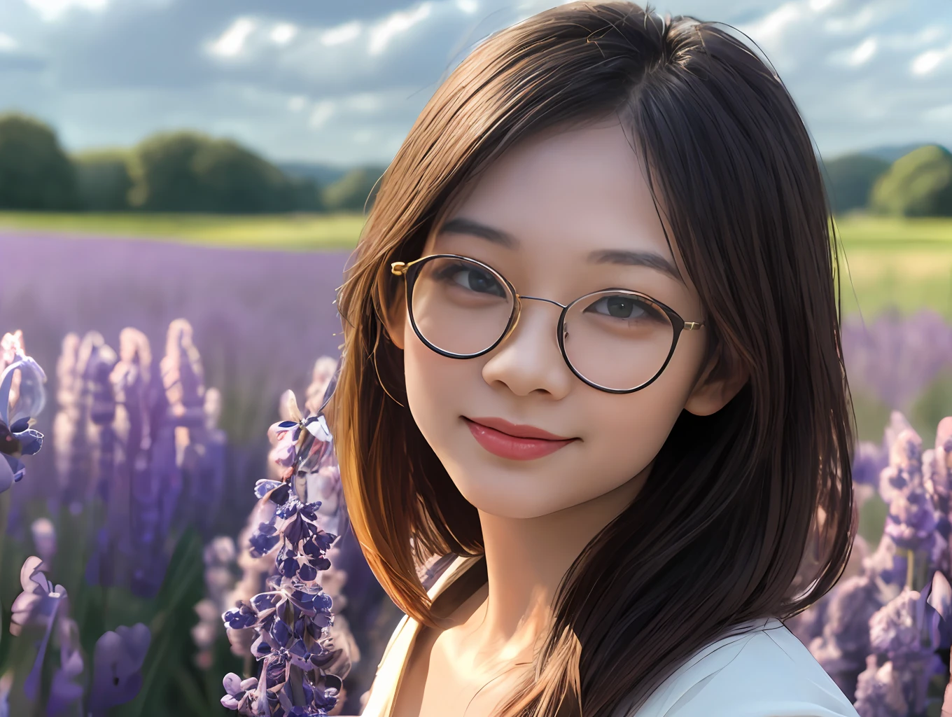 (masterpiece, best quality),closer detail face , 1girl, solo, brown eyes wears glasses, brown hair, cloudy sky, mole at near by lip, pure white skirt, Silk hair detail, light frown, looking out, peaceful smile, perfect light, best shadow, detail skin, hair detail, eyes detail, she is walking in larger lavender field