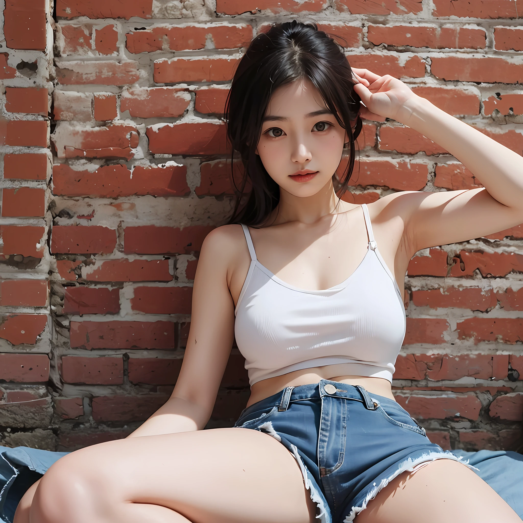 A Japanese Lady 24 year old a picture Beautiful breasts Low Cut Camisole Navel out Short camisole Raise both hands Armpit ripped denim shorts Shabby pants No bra thighs thighs thighs thighs Old brick wall --auto