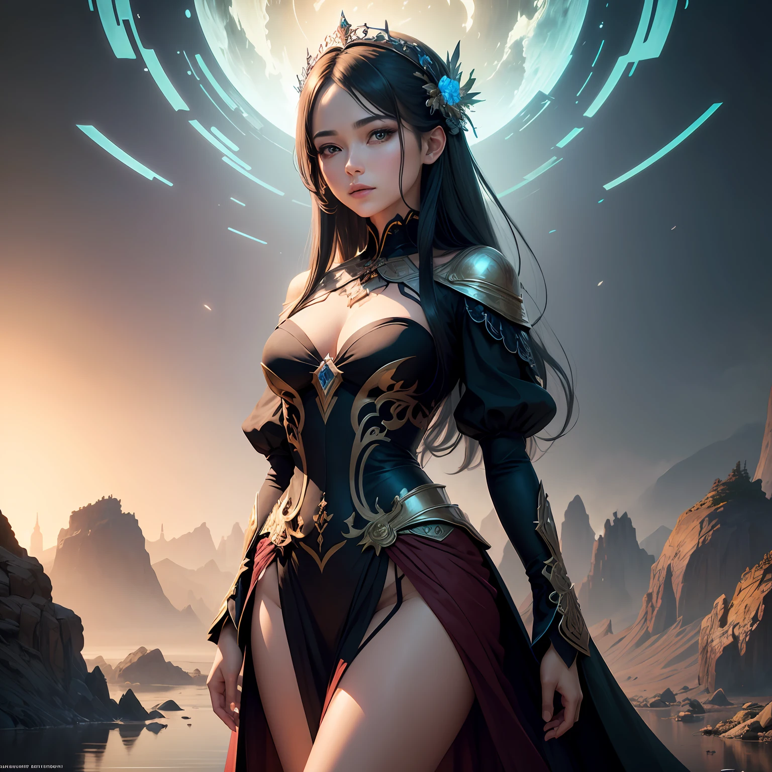 (((masterpiece))), (((best quality))), ((ultra-detailed)), (hyperrealistic), (highly detailed CG illustration), ((an extremely delicate and beautiful)),cinematic light, Create a stunning anime artwork that is currently trending on ArtStation, showcasing exquisite beauty and captivating aesthetics. The art piece should be highly detailed, featuring a compelling character and a visually appealing environment. The character in the artwork is a graceful and enchanting figure, radiating an aura of elegance. Pay close attention to intricate facial features, such as mesmerizing eyes with vibrant colors and delicate shading. The character's clothing should be designed with elaborate patterns, flowing fabrics, and rich textures, reflecting a blend of fantasy and contemporary fashion. Place the character in a captivating environment that enhances the overall appeal of the artwork. It could be a breathtaking natural landscape, a bustling futuristic cityscape, or a mystical realm filled with magical elements. Incorporate vibrant colors, dynamic lighting, and detailed background elements to create a sense of depth and immersion. Consider the latest trends in anime art, such as incorporating unique lighting effects, exploring creative composition techniques, or experimenting with unconventional color palettes. Take inspiration from the top artists on ArtStation and their exceptional execution of various art styles and themes. Camera: Choose an angle that highlights the character's beauty and the immersive environment. Lighting: Utilize atmospheric lighting techniques to create depth and mood. Resolution: Aim for a high-resolution artwork to showcase intricate details and clarity. Art Inspirations: Seek inspiration from the trending artists on ArtStation, exploring different styles, genres, and themes. --auto