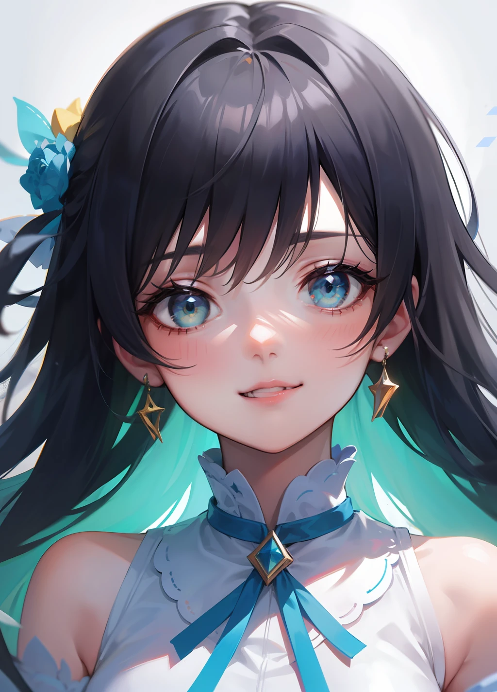 one-girl，quadratic element，white color hair，blue color eyes，ssmile，closeup of face