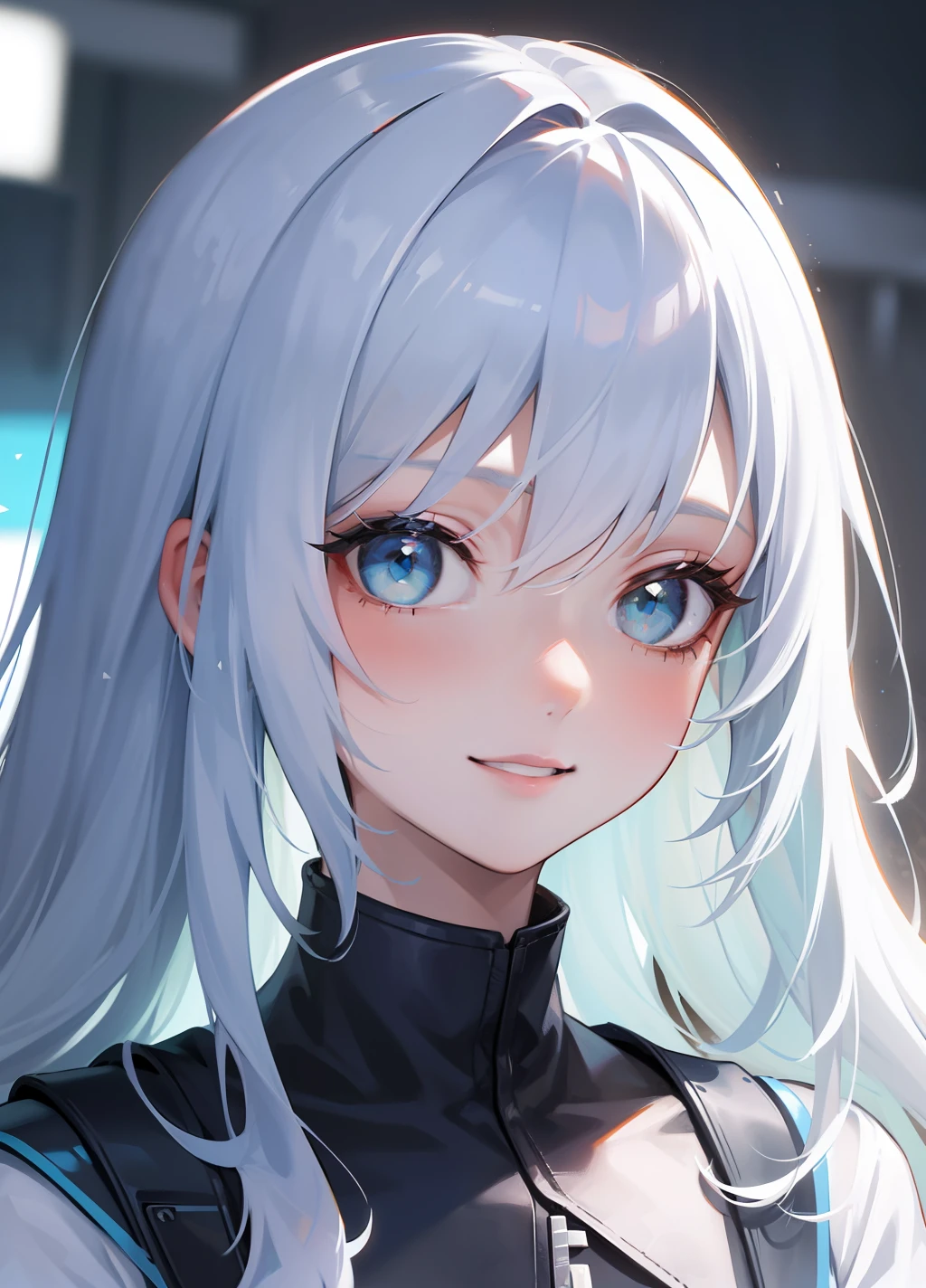 one-girl,quadratic element,white color hair,blue color eyes,ssmile,closeup of face