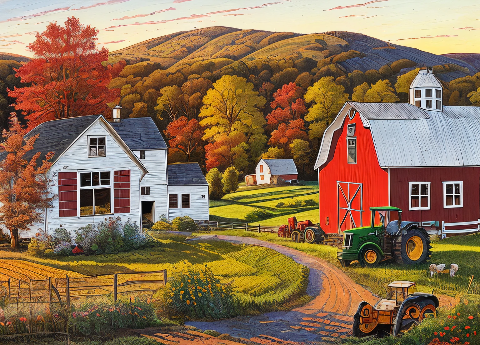 high quality comic of a farm with a tractor and farm buildings, rural splendor, country landscape, scenery artwork, scenery art detailed, countryside city scene, beautiful high resolution, colorful scene, next to a red barn, detailed scenery —width 672, rich picturesque colors, next to a farm house and a barn by artist john sloane
