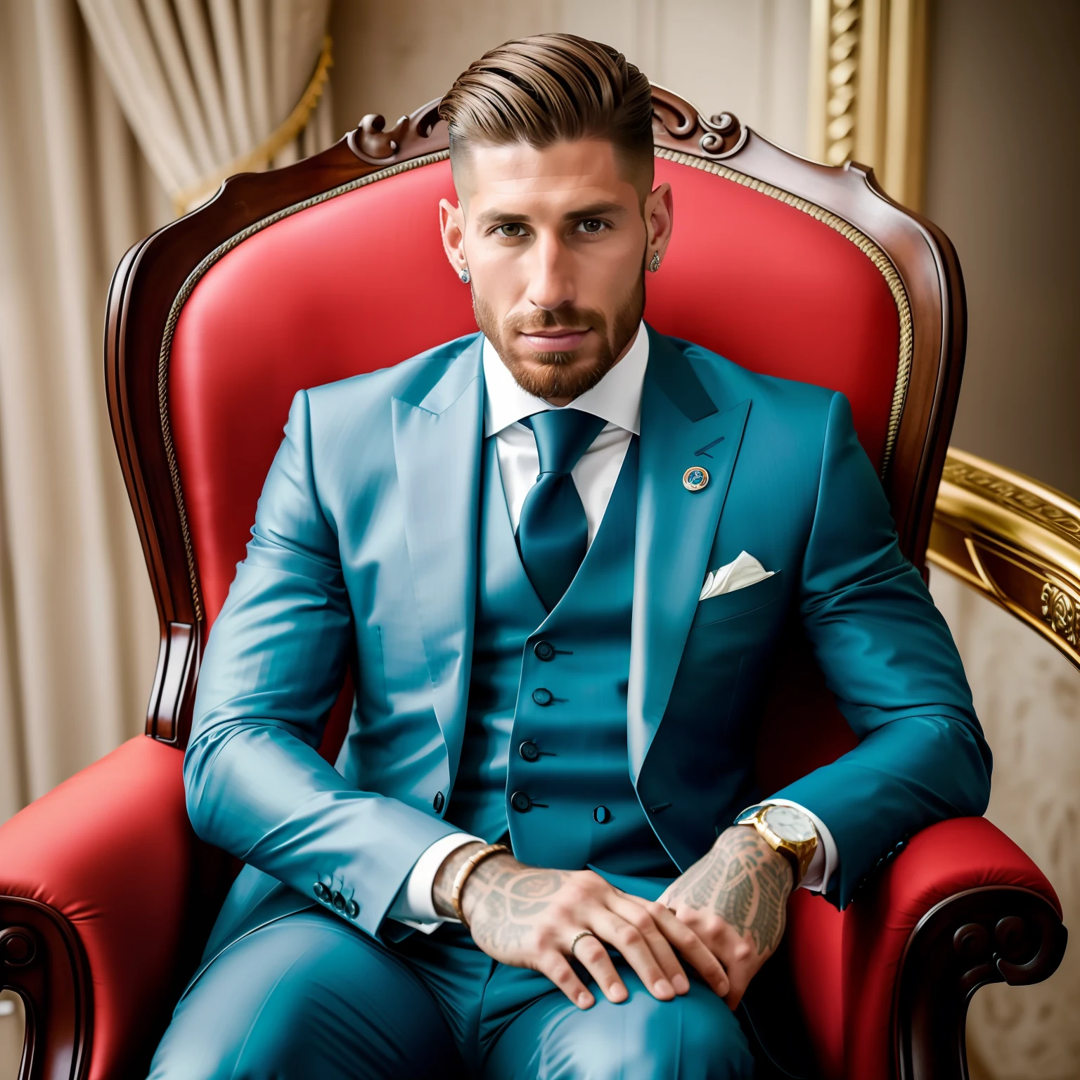 A professional photo of Sergio Ramos sitting in the armchair, wearing an impeccable couture suit, with his gaze fixed on the camera, sharp focus on his face and the details of the suit, capturing his magnetic presence and impeccable style, photography, mirrorless camera, 50mm lens, --air 16:9 --v 5
