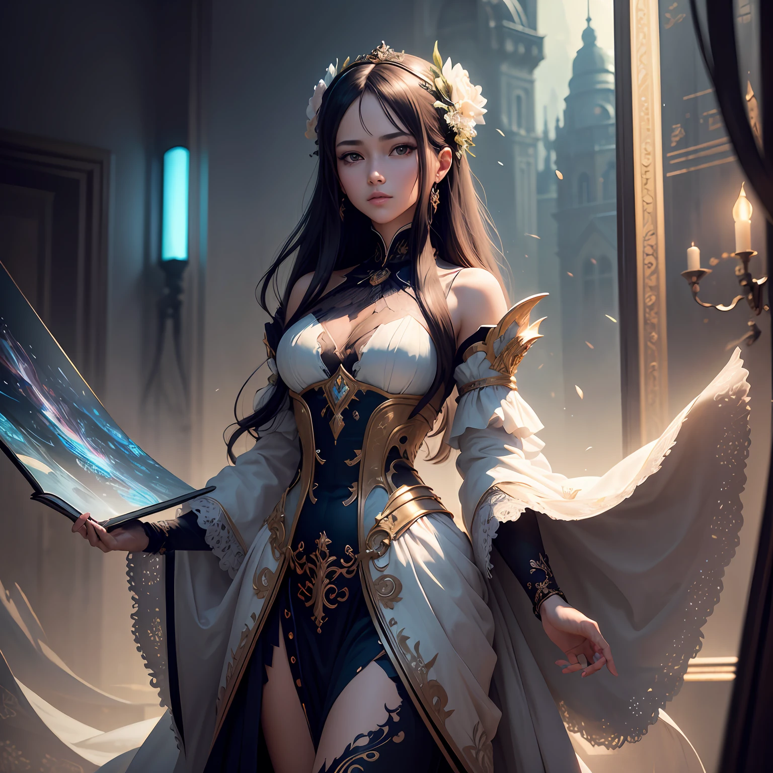 (((masterpiece))), (((best quality))), ((ultra-detailed)), (hyperrealistic), (highly detailed CG illustration), ((an extremely delicate and beautiful)),cinematic light, Create a stunning anime artwork that is currently trending on ArtStation, showcasing exquisite beauty and captivating aesthetics. The art piece should be highly detailed, featuring a compelling character and a visually appealing environment. The character in the artwork is a graceful and enchanting figure, radiating an aura of elegance. Pay close attention to intricate facial features, such as mesmerizing eyes with vibrant colors and delicate shading. The character's clothing should be designed with elaborate patterns, flowing fabrics, and rich textures, reflecting a blend of fantasy and contemporary fashion. Place the character in a captivating environment that enhances the overall appeal of the artwork. It could be a breathtaking natural landscape, a bustling futuristic cityscape, or a mystical realm filled with magical elements. Incorporate vibrant colors, dynamic lighting, and detailed background elements to create a sense of depth and immersion. Consider the latest trends in anime art, such as incorporating unique lighting effects, exploring creative composition techniques, or experimenting with unconventional color palettes. Take inspiration from the top artists on ArtStation and their exceptional execution of various art styles and themes. Camera: Choose an angle that highlights the character's beauty and the immersive environment. Lighting: Utilize atmospheric lighting techniques to create depth and mood. Resolution: Aim for a high-resolution artwork to showcase intricate details and clarity. Art Inspirations: Seek inspiration from the trending artists on ArtStation, exploring different styles, genres, and themes. --auto