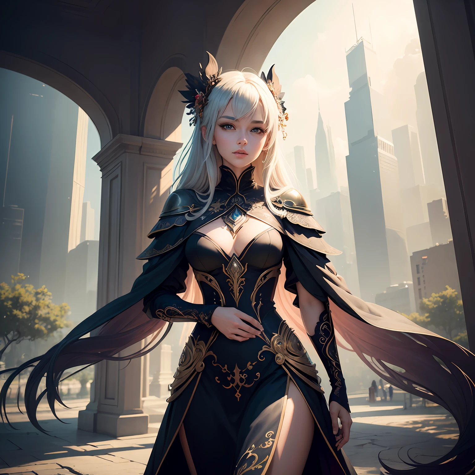 (((masterpiece))), (((best quality))), ((ultra-detailed)), (hyperrealistic), (highly detailed CG illustration), ((an extremely delicate and beautiful)),cinematic light, Create a stunning anime artwork that is currently trending on ArtStation, showcasing exquisite beauty and captivating aesthetics. The art piece should be highly detailed, featuring a compelling character and a visually appealing environment. The character in the artwork is a graceful and enchanting figure, radiating an aura of elegance. Pay close attention to intricate facial features, such as mesmerizing eyes with vibrant colors and delicate shading. The character's clothing should be designed with elaborate patterns, flowing fabrics, and rich textures, reflecting a blend of fantasy and contemporary fashion. Place the character in a captivating environment that enhances the overall appeal of the artwork. It could be a breathtaking natural landscape, a bustling futuristic cityscape, or a mystical realm filled with magical elements. Incorporate vibrant colors, dynamic lighting, and detailed background elements to create a sense of depth and immersion. Consider the latest trends in anime art, such as incorporating unique lighting effects, exploring creative composition techniques, or experimenting with unconventional color palettes. Take inspiration from the top artists on ArtStation and their exceptional execution of various art styles and themes. Camera: Choose an angle that highlights the character's beauty and the immersive environment. Lighting: Utilize atmospheric lighting techniques to create depth and mood. Resolution: Aim for a high-resolution artwork to showcase intricate details and clarity. Art Inspirations: Seek inspiration from the trending artists on ArtStation, exploring different styles, genres, and themes. --auto