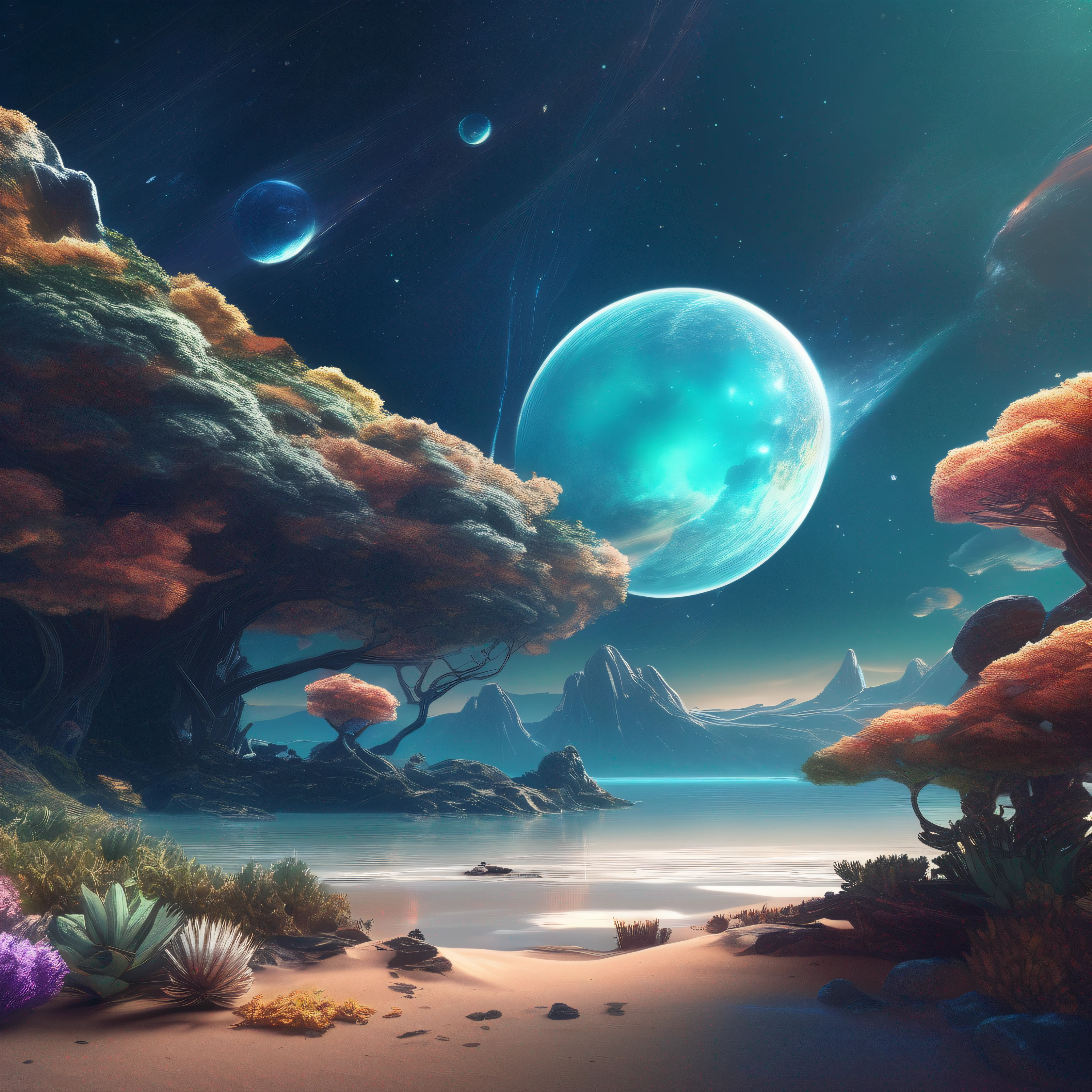 a space art Galactic Landscape, shore, sky with big clouded planet, concept art, vector, high quality, big details view, Unreal Engine, Octane Rendering, Ultra High Quality, Ultra High Resolution, Surreal, Color Correct, Good Lighting Settings, Good Composition, Sharp Edges, Harmonious Composition, Ultra Precision, Masterpiece, Award-winning work, plantes defined, perfect composition, well defined circular planet