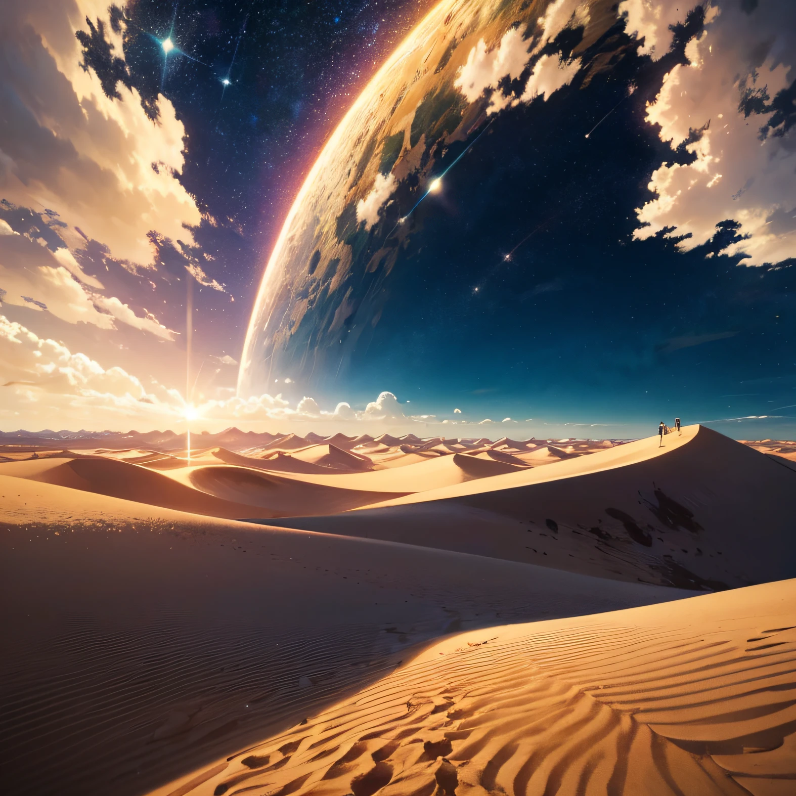Imagine-se em um deserto vasto e silencioso, with golden sand dunes stretching as far as the eye can see. The sky is full of bright stars, pintando um quadro deslumbrante. How do you feel to look at the infinite and contemplate the vastness of the universe? --auto