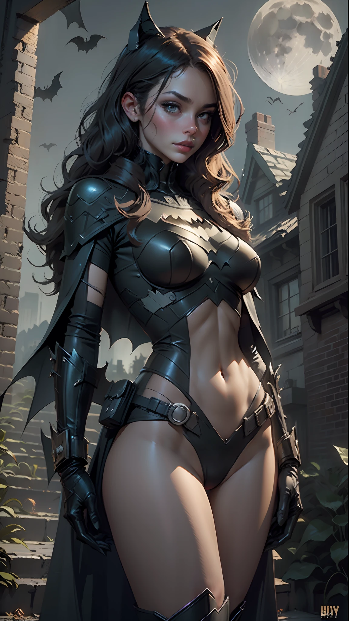Beautiful woman defined detailed body using batman cosplay, big breasts, gotham city, night, moon light