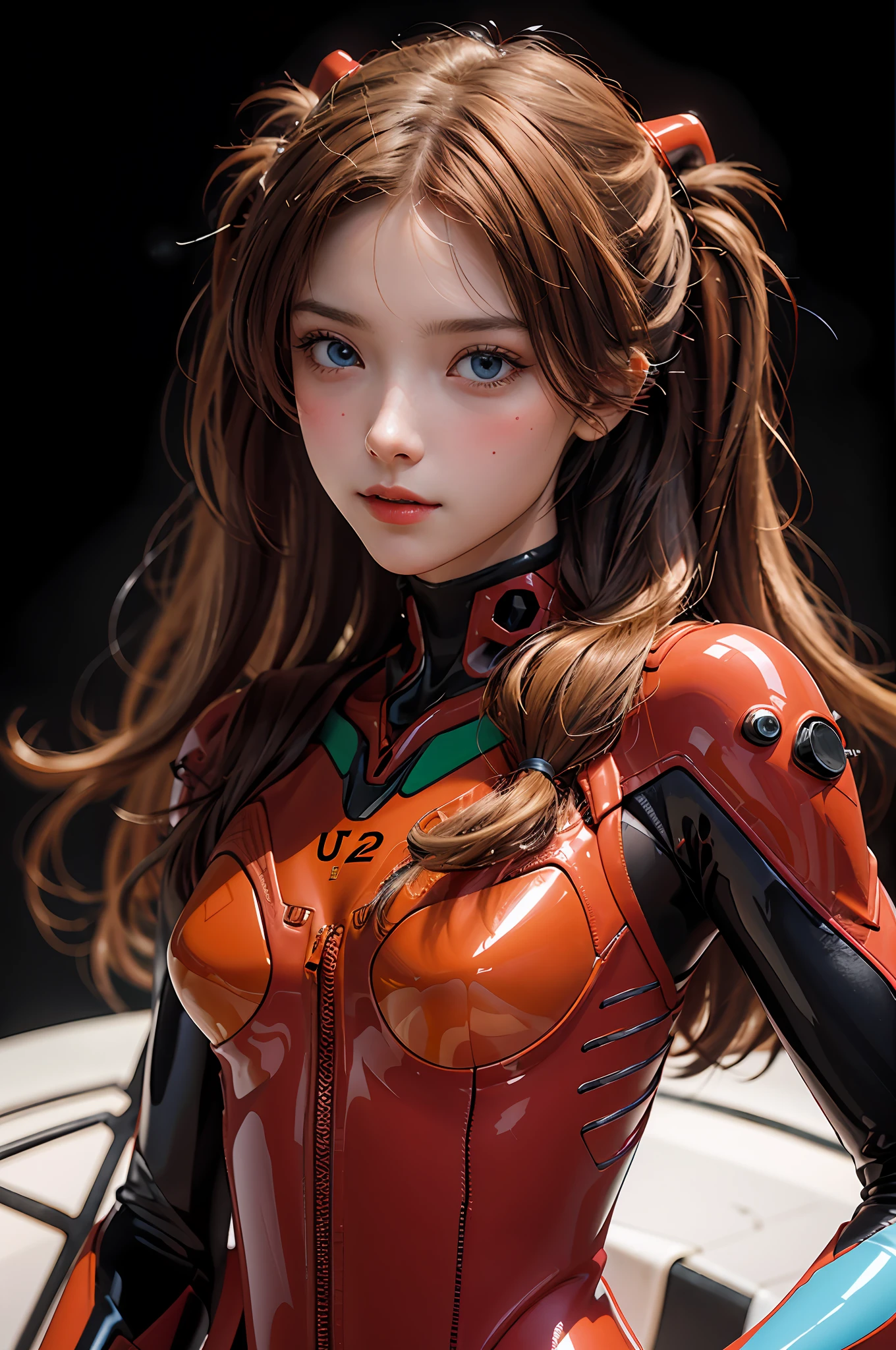 (Real))))Photos, ((Full Body:1.1)), Best Quality, 1 woman, Ultra Detailed Face, Detailed Lips, Detailed Eyes, Double Eyelids, Beautiful Face, Beautiful Eyes, (Red Bodysuit, Red Latex), (Glossy), Orange Hair, Twintails, Thin Waist, Best Quality, Pale Skin, Su-Liu Aska Langle, Plug Suit 02, Black Background, (Face and Eye Details:1.1) , self-righteous, blush, ((shy)), very delicate and beautiful girl, dynamic pose, (to8contrast style),