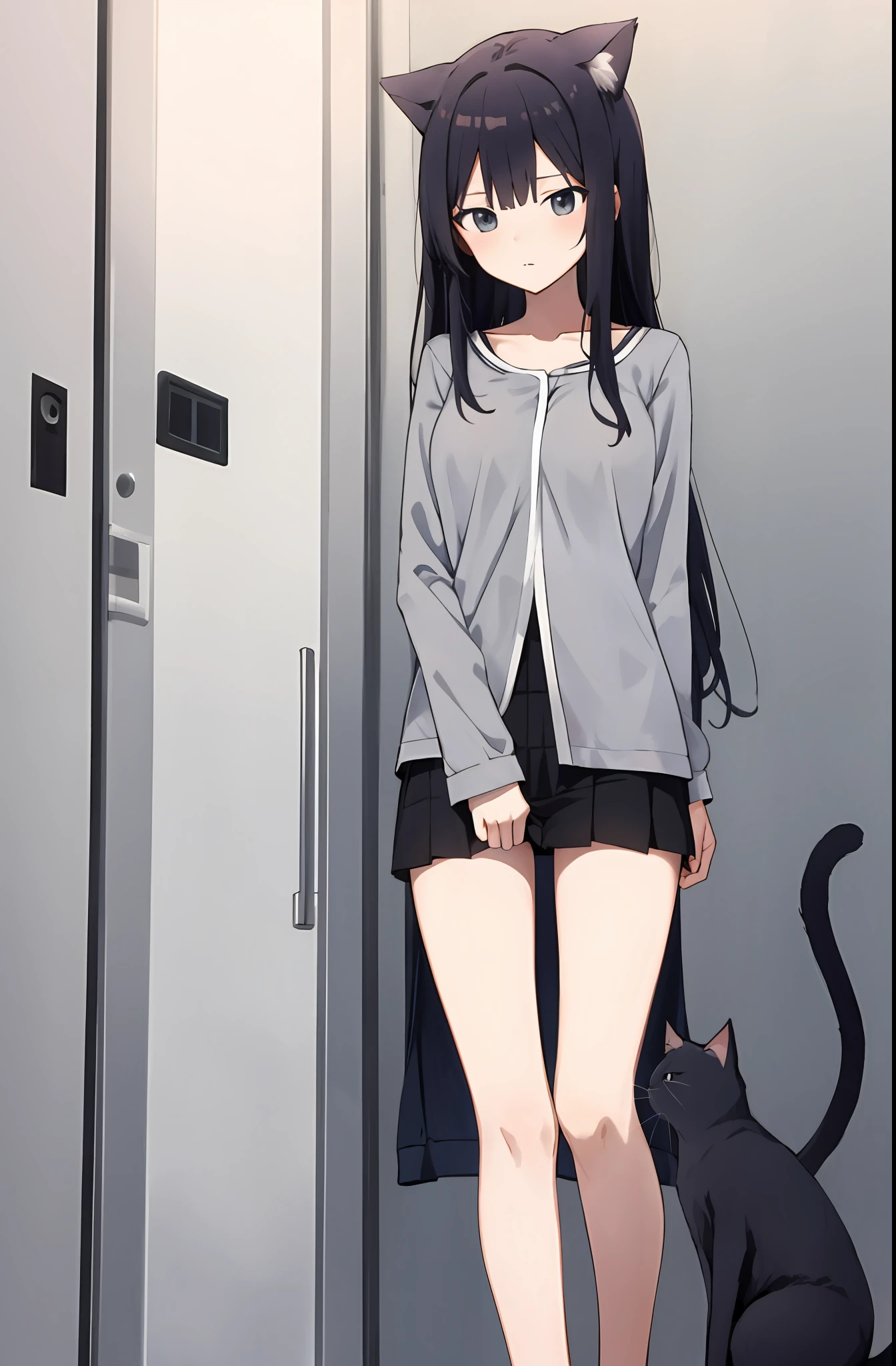 anime girl (long grey hair:1.1) , with cat, medium breast, grey-black hair, without clothes,