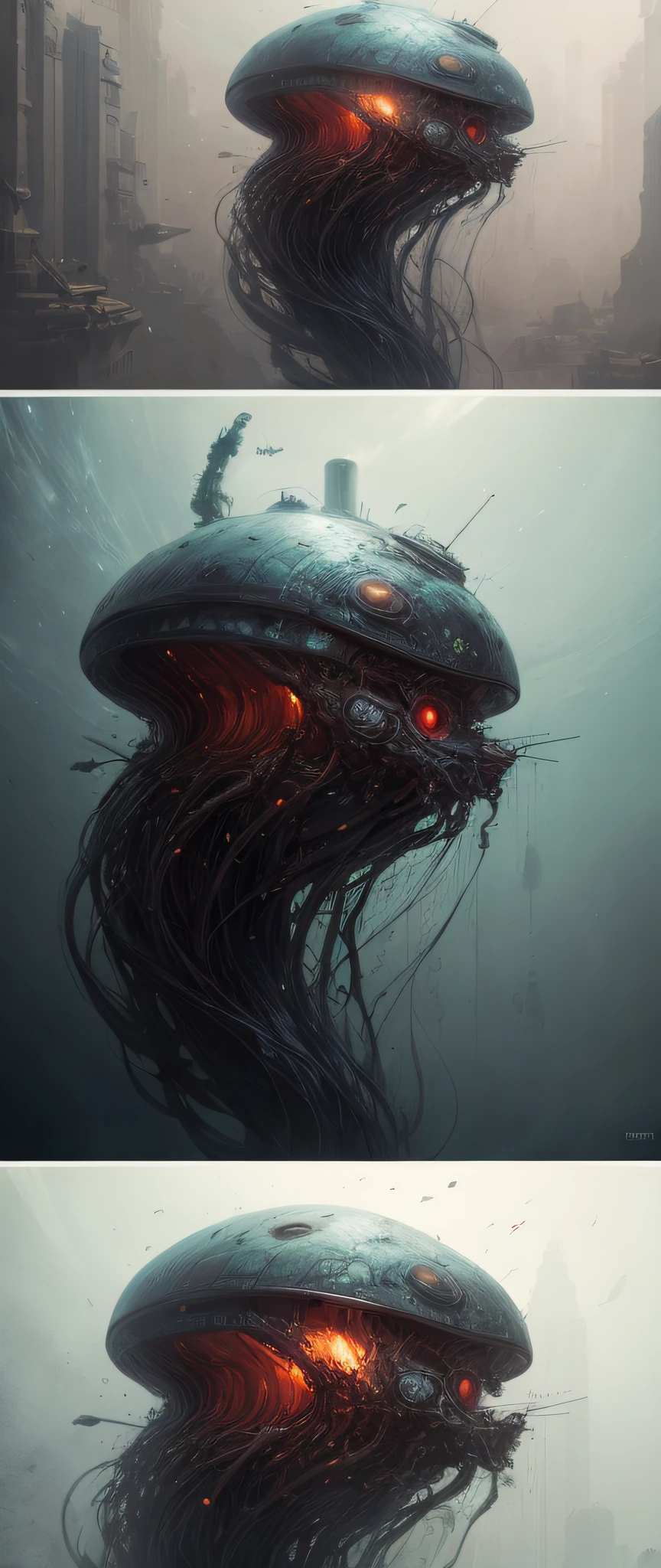 "Insanely Detailed Biomechanical Jellyfish Mother Ships of the Alien Invasion, made of real flesh and blood, by Ismail_Inceoglu, Tom Bagshaw, and Dan Witz. CGSociety Fantasy Art."