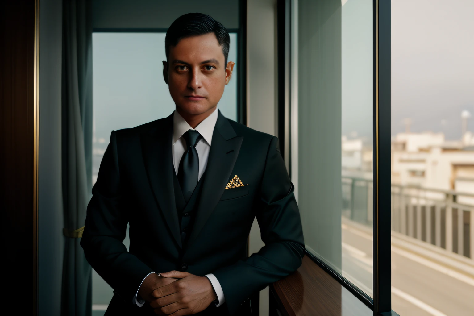 A full-length man leaning against a street window in a black Japanese business suit with gold accents staring at the window at dusk, intrincado, cinemactic, ultra realistic, hiper detalhado, 8k, gentle expressions, Beautiful, Estilo Greg Rutkowski e Borris Vallejo, (no watermark and signature), anatomia perfeita.