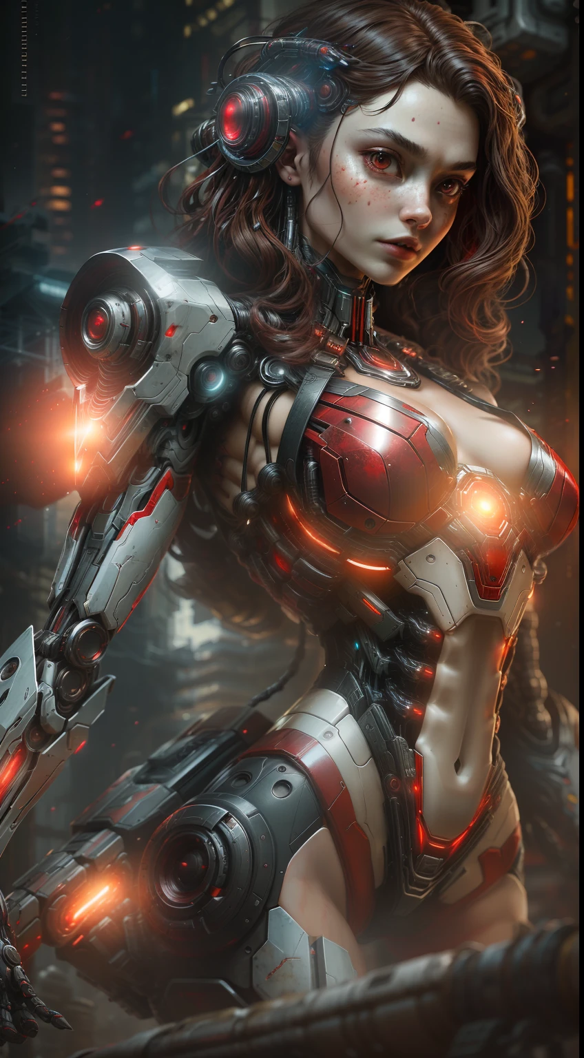 Scarlet Witch from Marvel photography, Red biomechanical, complex robot, full growth, hyper-realistic, Red, insane small details, extremely clean lines, cyberpunk aesthetic, masterpiece featured on Zbrush Central