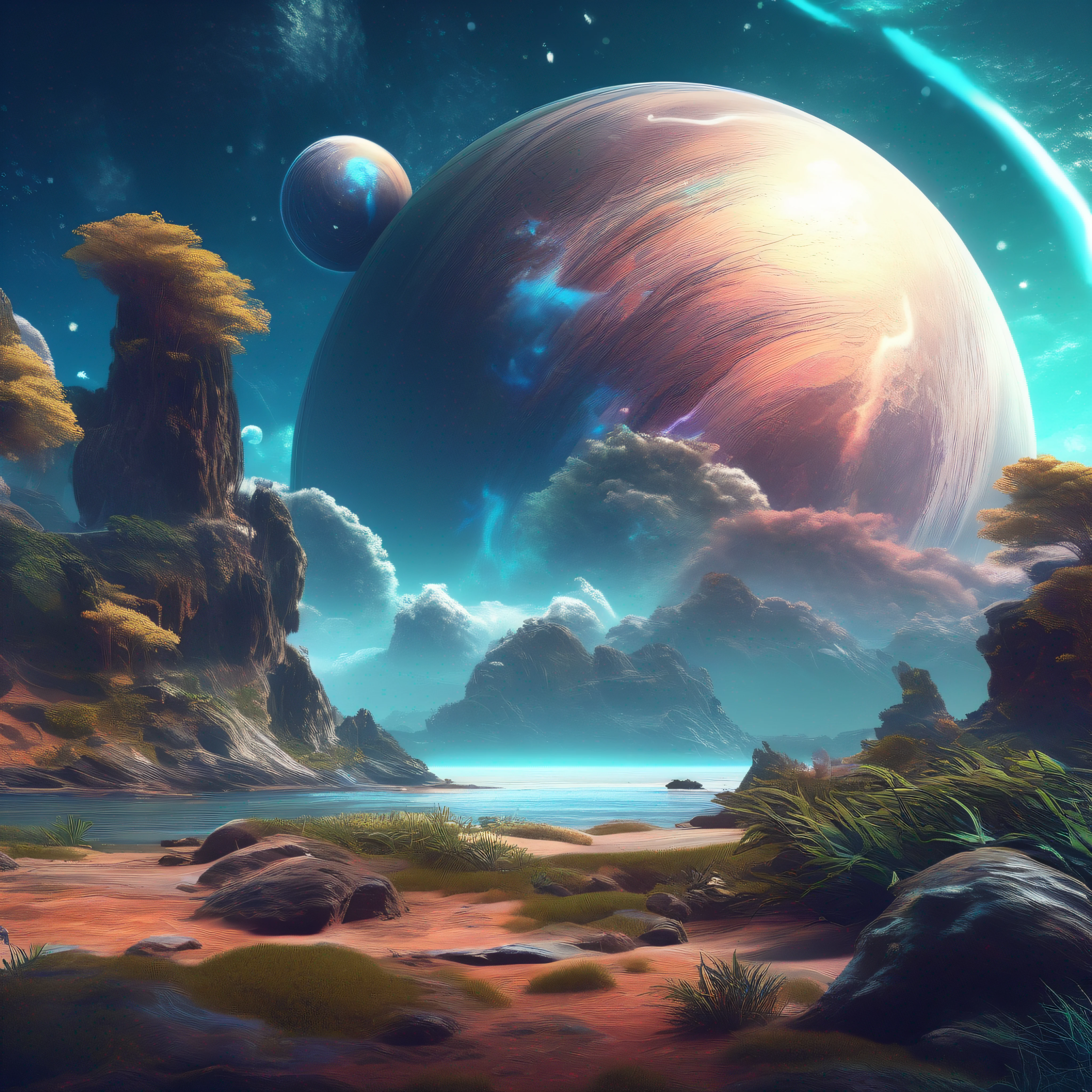 a space art Galactic Landscape, shore, sky with big clouded planet, concept art, vector, high quality, big details view, Unreal Engine, Octane Rendering, Ultra High Quality, Ultra High Resolution, Surreal, Color Correct, Good Lighting Settings, Good Composition, Sharp Edges, Harmonious Composition, Ultra Precision, Masterpiece, Award-winning work, plantes defined, perfect composition, well defined circular planet