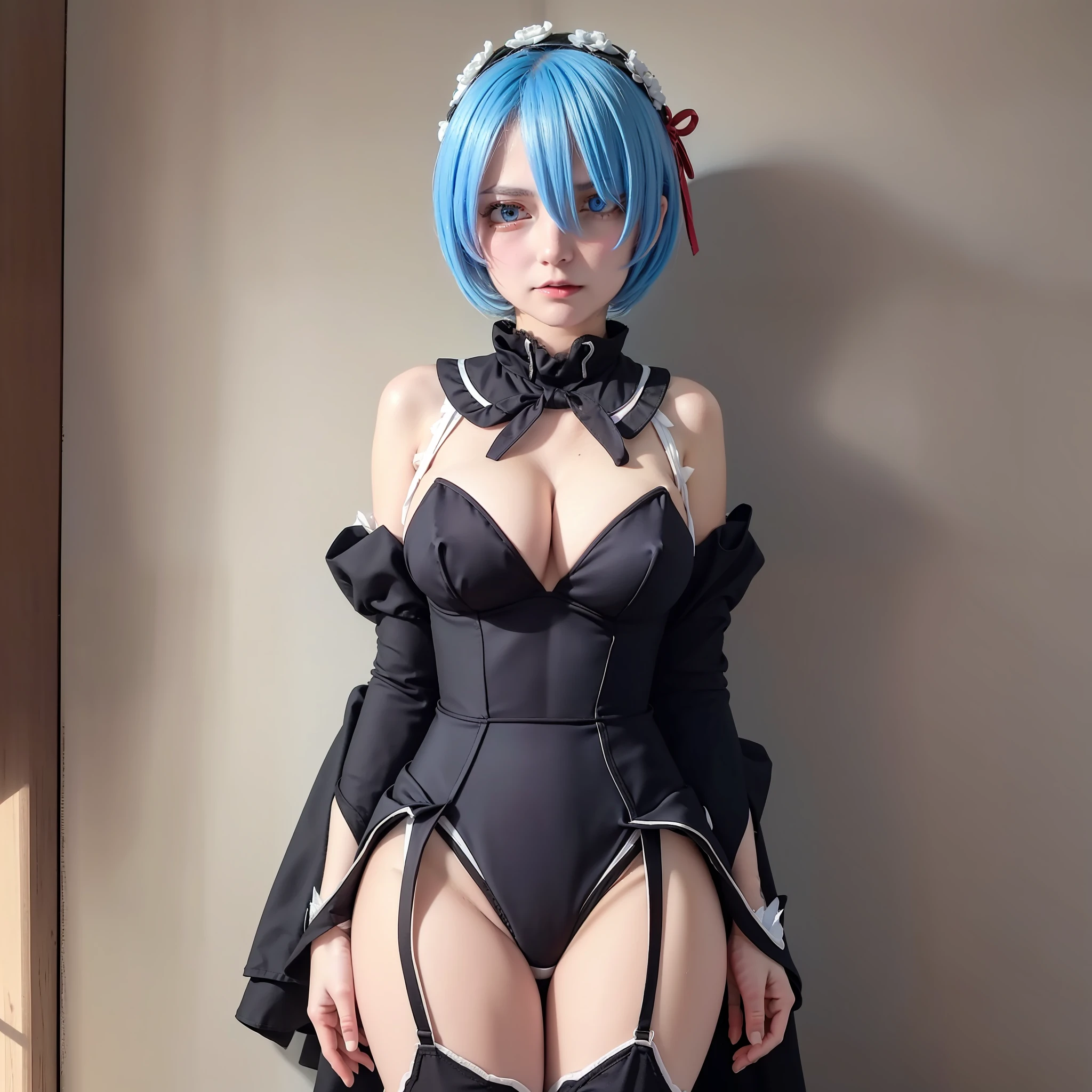 masterpiece, top-quality, Hi-Res, (((((((Evil Fall))))))), (((((((Leotard))))))), (Hollow eyes), (((Colossal tits))), (((neck tie))), Remu, ((Enamel material)), ((Glossy material)), 1girl in, 独奏, (((Standing picture))),Remu(Re:Life in another world starting from scratch), Blue hair, white thighhig, (((short-hair))), blue eyess, Hair above one eye, ((frilld)), ((garter strap)),full-body view