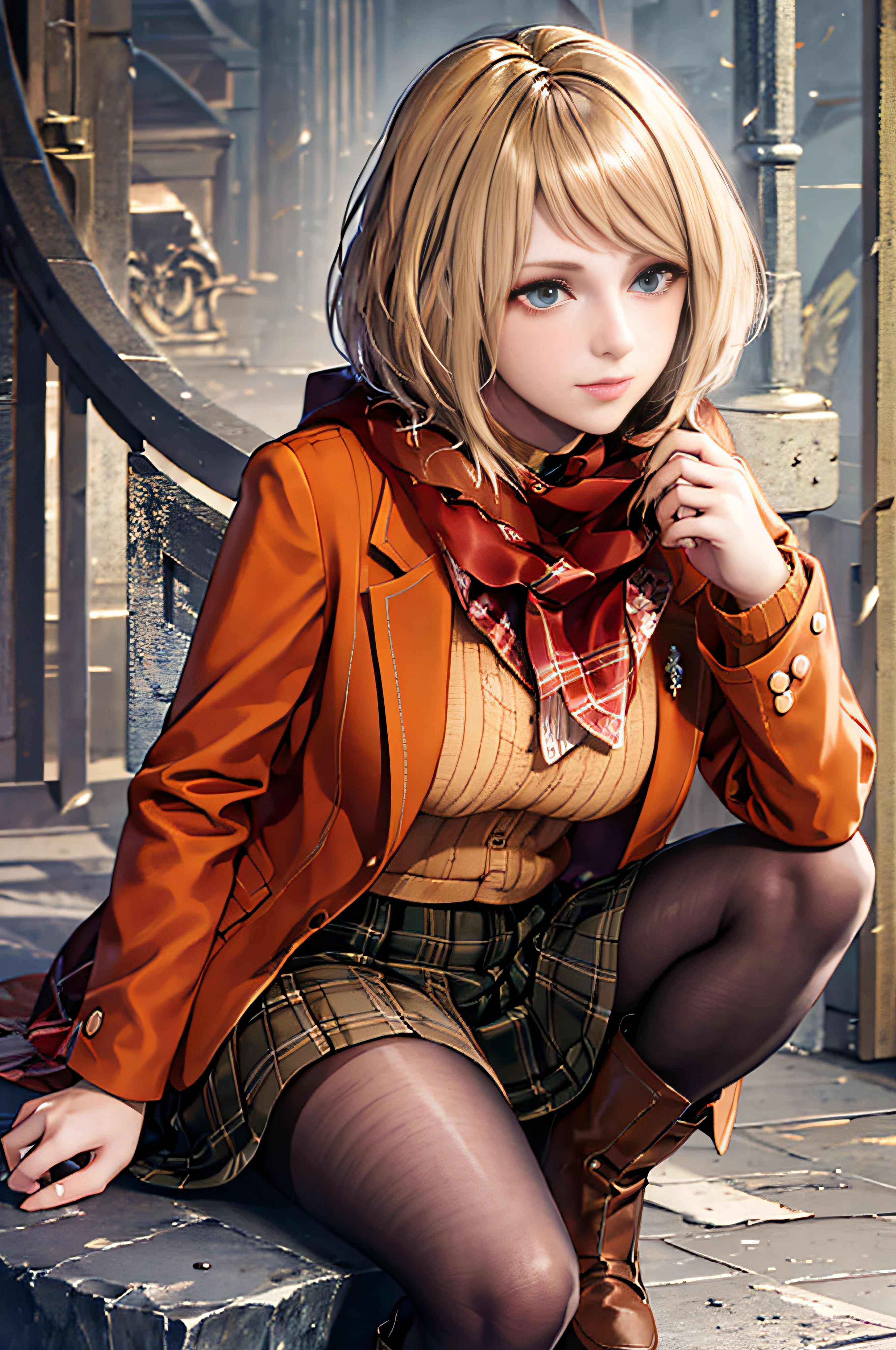 beautiful, masterpiece, best quality, extremely detailed face, perfect lighting, 1girl, blonde, re4ashley, orange jacket, scarf, black plaid skirt, pantyhouse, boots, portrait, solo