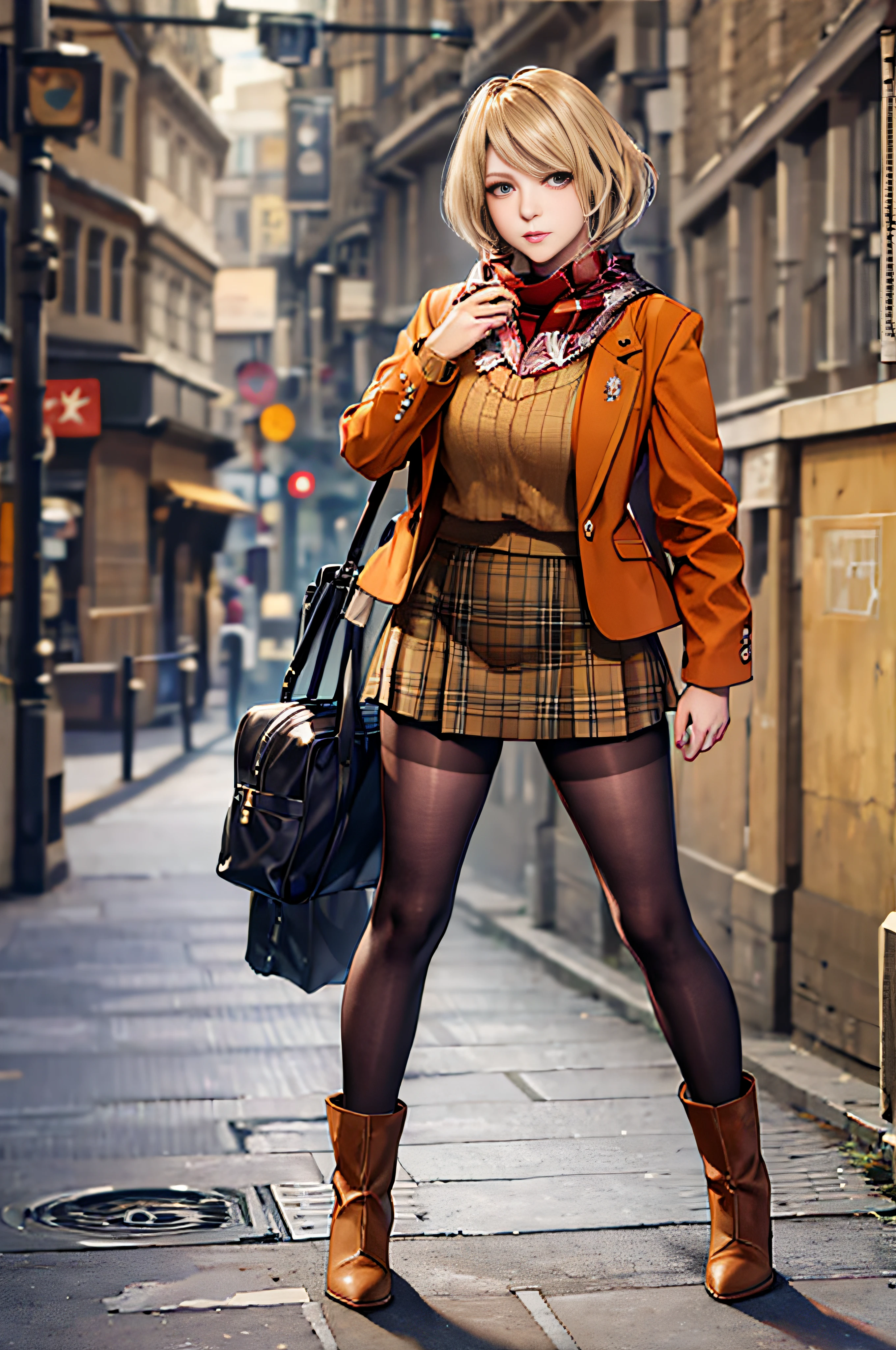 beautiful, masterpiece, best quality, extremely detailed face, perfect lighting, 1girl, blonde, re4ashley, orange jacket, scarf, black plaid skirt, pantyhouse, boots, portrait, solo