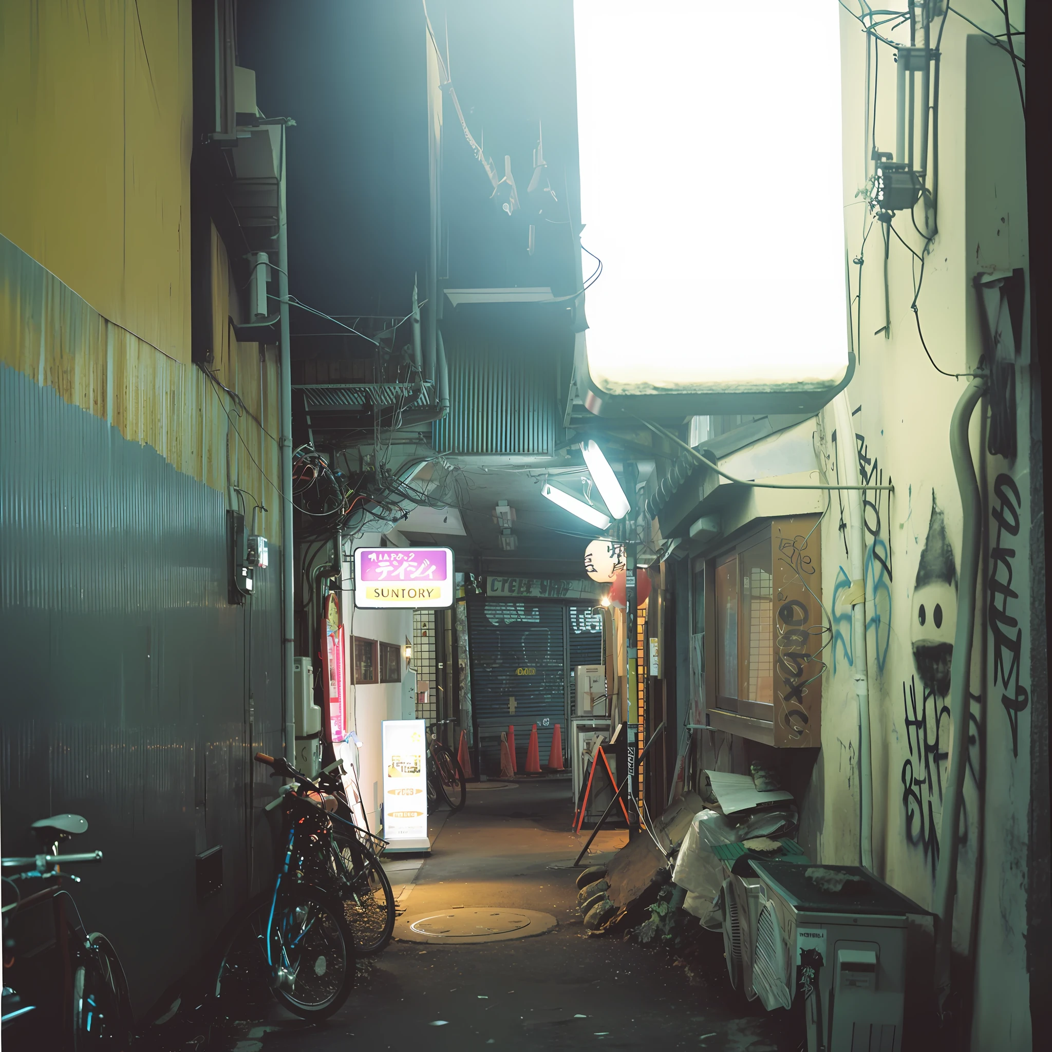 There is a narrow alley with many bikes parked in it, tokyo alleyway, quiet tokyo alley at night, lixo deserto de shinjuku, cyberpunk streets in japan, Shinjuku abandonado empoeirado, Inside a Tokyo garage, Tomado com uma Pentax K1000, Cidade de lixo deserta de Shinjuku, tomado com um pentax1000