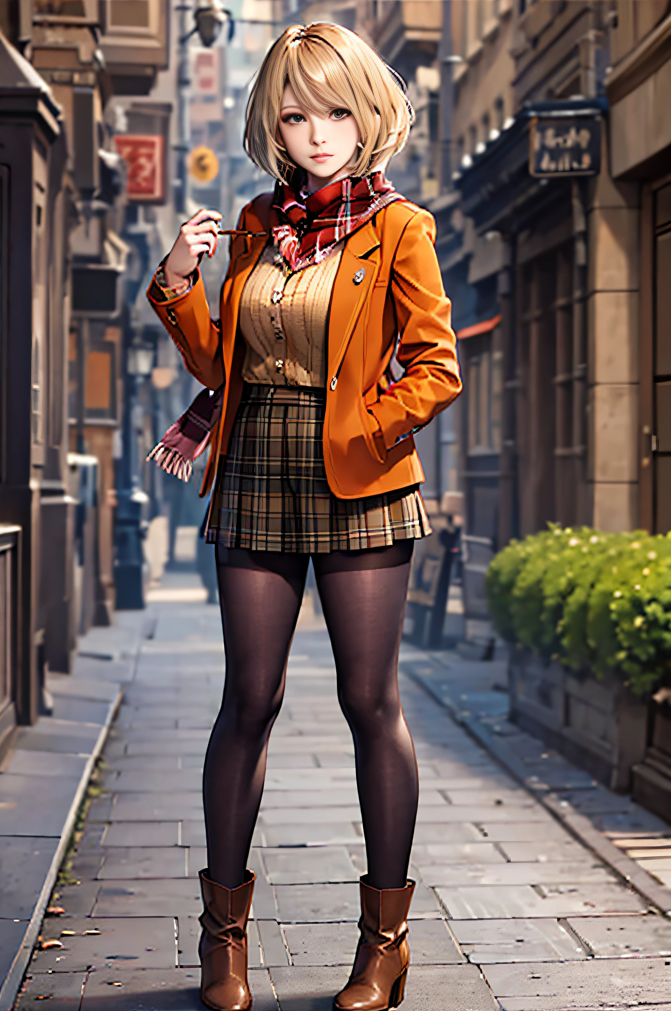 beautiful, masterpiece, best quality, extremely detailed face, perfect lighting, 1girl, blonde, re4ashley, orange jacket, scarf, black plaid skirt, pantyhouse, boots, portrait, solo