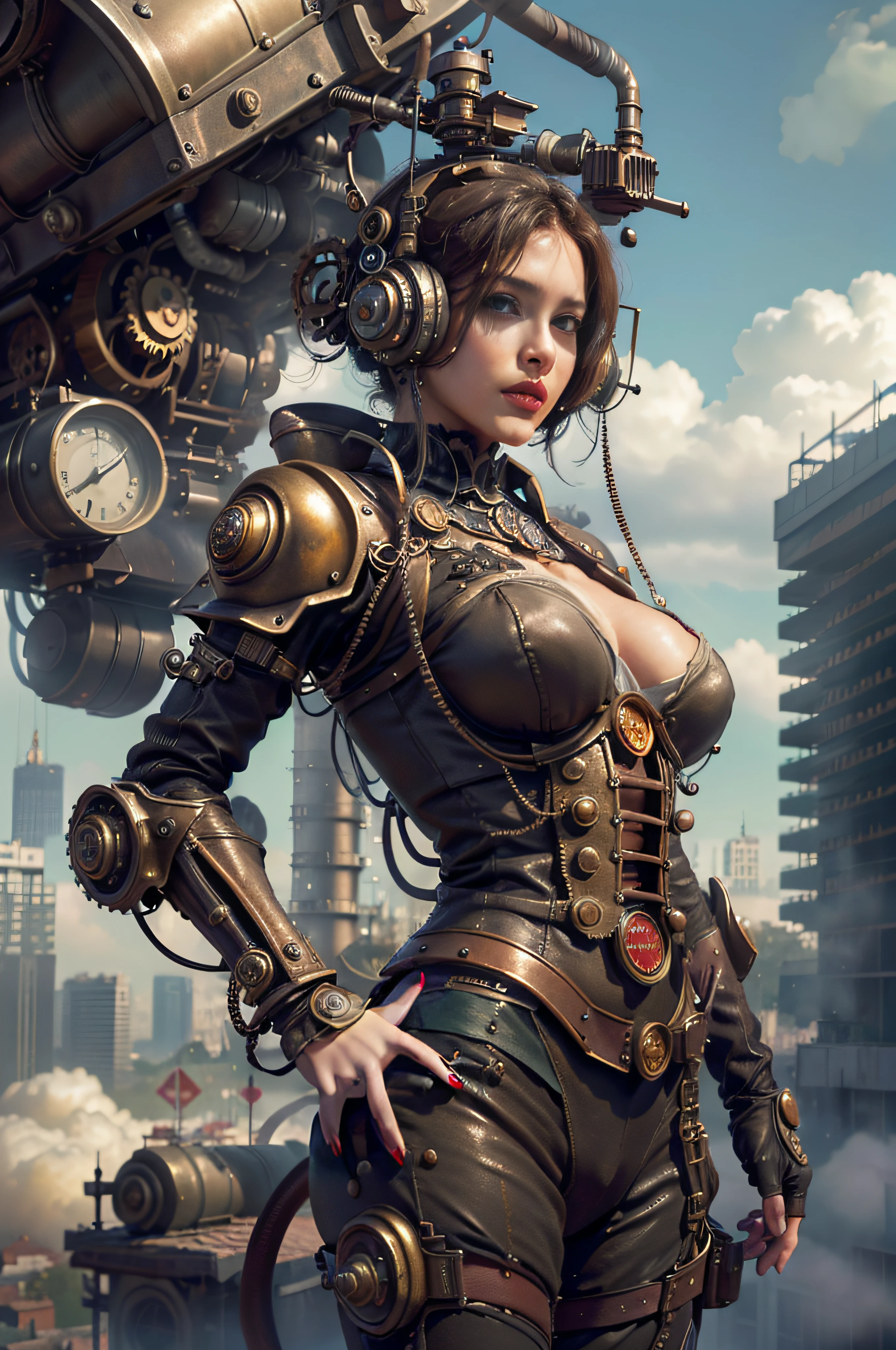 There's a woman in a steam lace dress in front of a clock, karol bak uhd, steampunk mulher bonita, estilo de fantasia steampunk, uma deusa steampunk bonita, Cyber Steampunk 8 K 3D, Wojtek FUS, arte steampunk digital, sci-fi steampunk, cyberpunk steampunk, arte digital steampunk,  steampunk, arte conceitual steampunk, fantasia steampunk