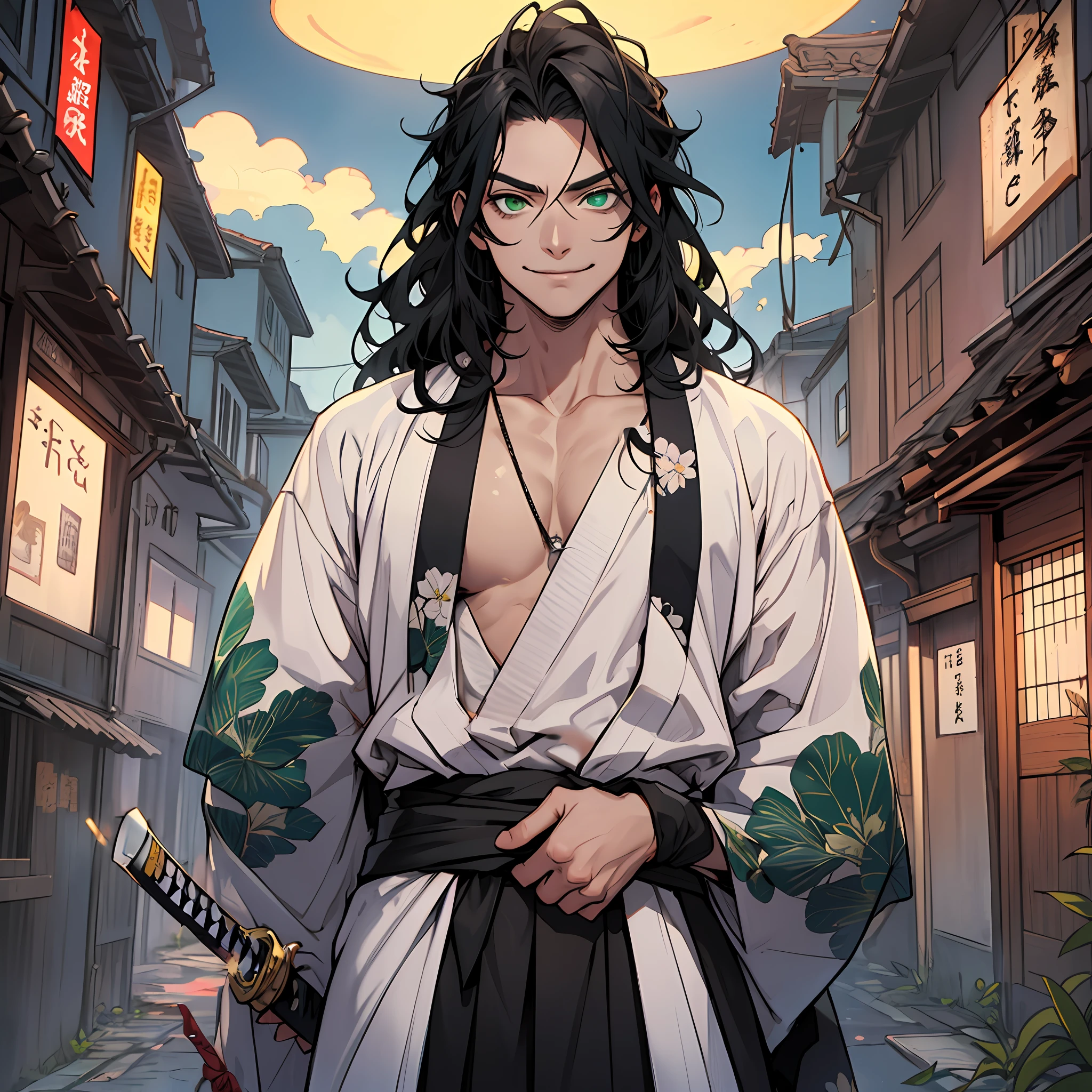 (obra-prima, highres, ultra detalhado, melhor qualidade: 1.2), (colorido, profundidade de campo, dutch angle, centrado na pessoa: 1.4), (melhor qualidade)), ((ultradetailed)), ((obra-prima)), melhor qualidade (katana: 1.4), graves,( in the nighttime: 1.4), um jovem de que tem seus cabelos negros e longo, que vai ate a cintura. Your hair is thick and has a healthy look, Your hair is long and not stuck, contrastando com sua pele clara. The young man's eyes are emerald green, and are deep, expressive and intense as two clear pearls. Eles refletem calma e uma curiosidade inquisitiva. He has a big smile on his face and a watchful eye. Com sua postura ereta, o jovem mostra um porte confiante e uma aura alegre e hiperativa. Ele veste um quimono preto com nuvens verdes, feito de um tecido de qualidade. dando-lhe um aspecto de um espadachim. Em sua cintura, carrega uma katana branca com detalhes cinzas na lamina. The long, sharp blade is made of polished steel, its coloration is white, and she's reflecting the light.. He is in an ancient Japanese city. Ele possui um rosto alegre. estilo kimetsu no yaiba, sozinho, 1boy, estilo demon slayer, cabelo solto, olhar petulante, sorridente, confiante, apenas 1, cabelo derramado, cabelo solto e grande, demon slayer artstyle, olhos verdes