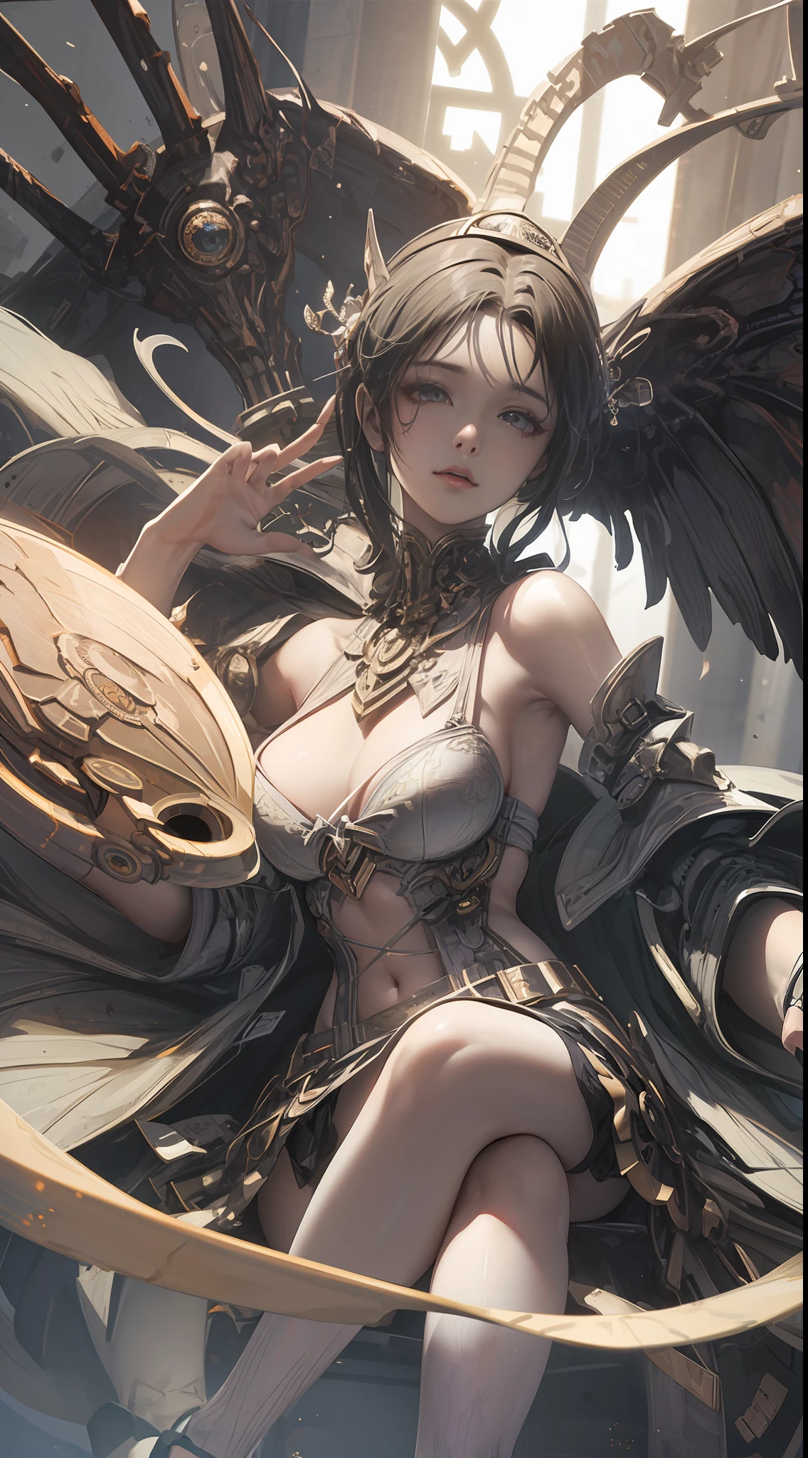 Wizard girl. ((Best quality)), ((Masterpiece)), (Detailed:1.4), 3D, Close-up, Mechanical Magic Weapon, Invoke Magic, Dynamic Action Pose, very slender long legs, Lace Stockings on the Knees, steampunk headgear, fluttering lace flared mini skirt, Off-the-shoulder fashion,A blend of sophisticated steampunk and sophisticated Gothic ta, upward and beautiful small breasts, Clean long silver hair, long vertical curly hair, Wind driven, futuristic complex steampunk factory background, infinite dark universe, flying celestial bodies, countless celestial neon lights pouring down from the heavens, Cinematic lighting, hdr (HighDynamicRange), Ray tracing, NVIDIA RTX, Hyper-Resolution, Unreal 5, Subsurface scattering, PBR Texture, Post-processing, Anisotropic filtering, depth of fields, Maximum clarity and sharpness, Multi-layered textures, Albedo and specular maps, Surface Coloring, Accurate simulation of light-material interaction, Perfect proportions, rendering by octane, Two-tone lighting, Wide aperture, Low ISO, White balance, Rule of thirds, 8K raw data,