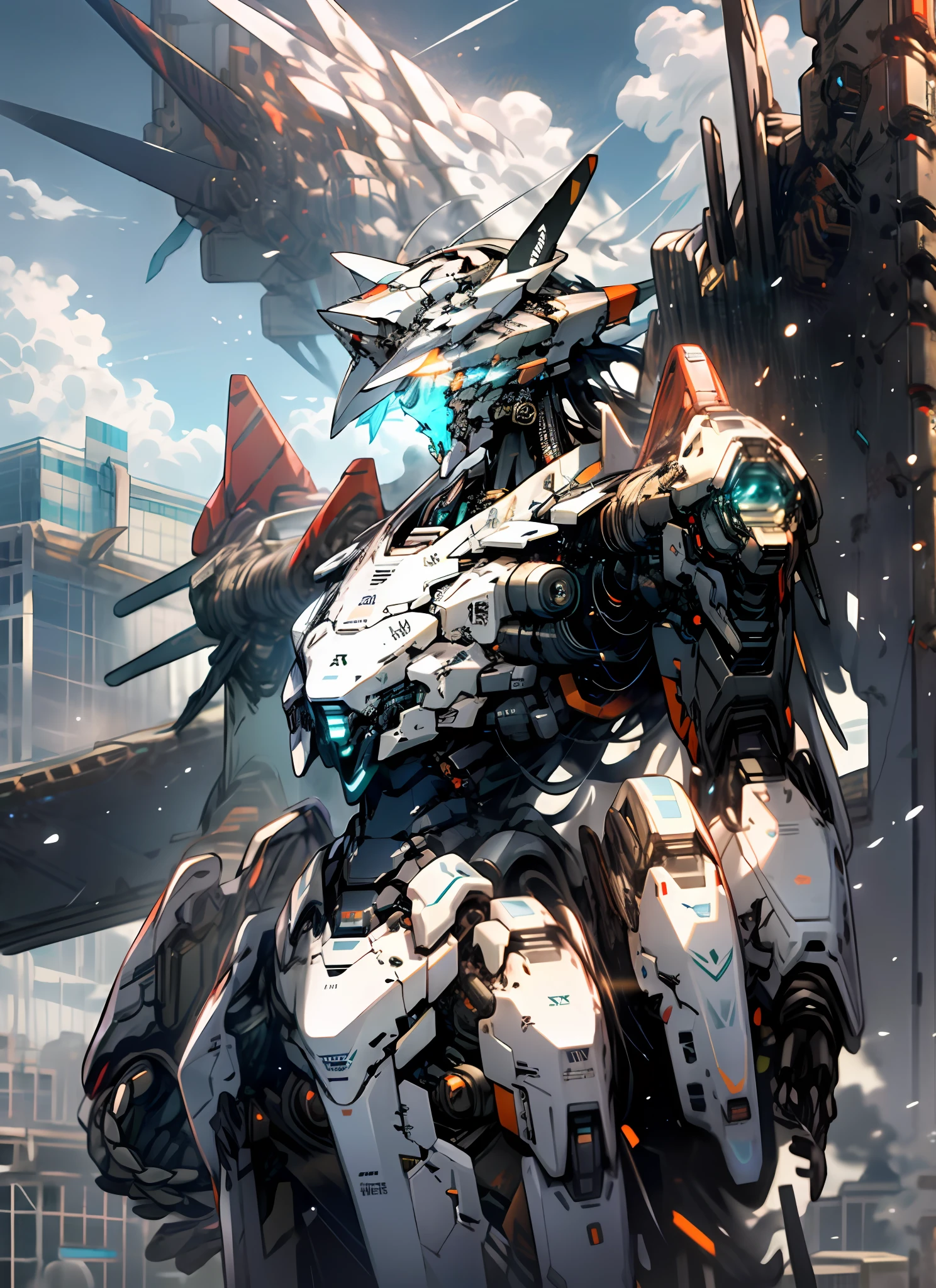 sky, cloud, holding_weapon, no_humans, glowing, , robot, building, glowing_eyes, mecha, science_fiction, city, realistic,mecha