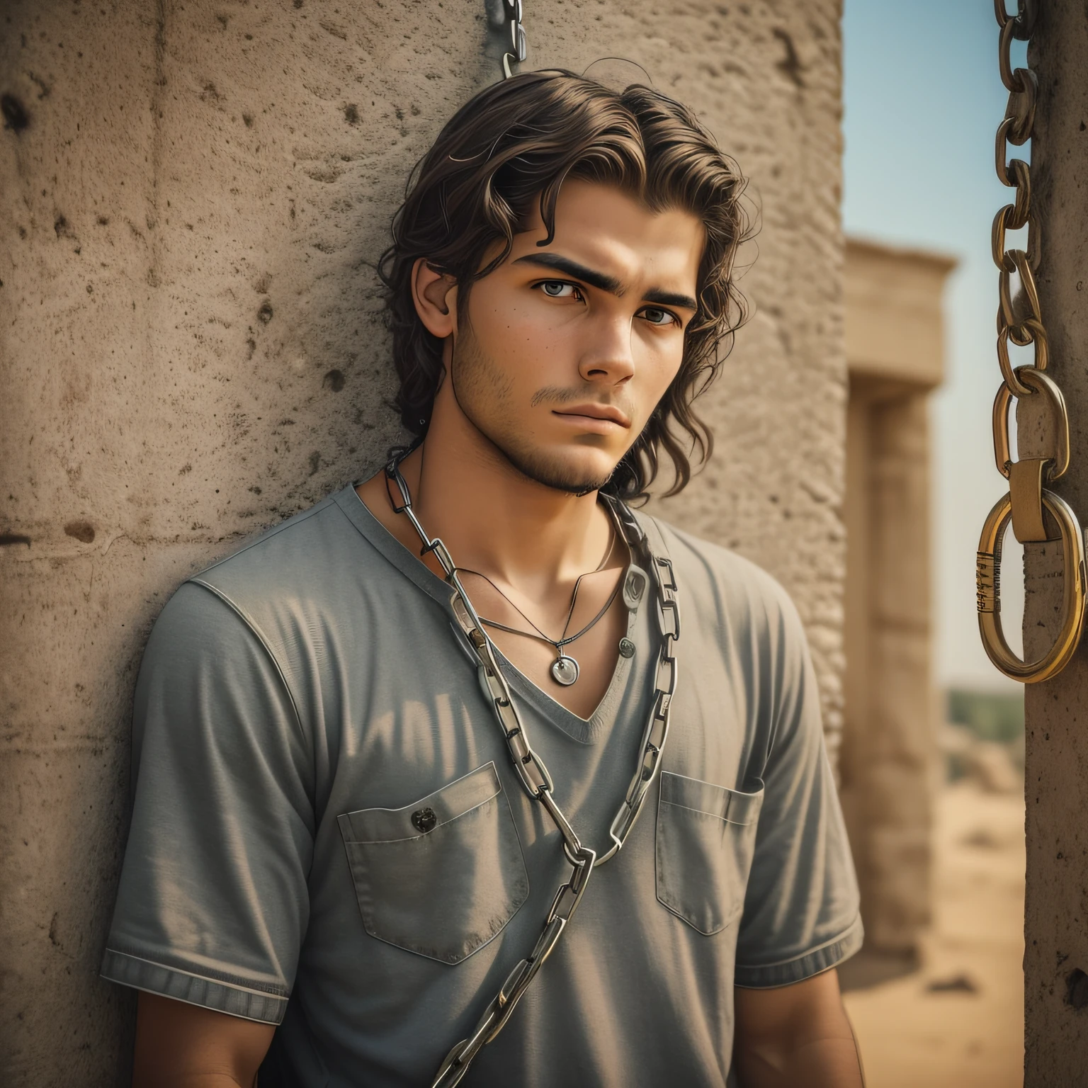 photo of young man chained by chains on his arms, handcuffs, padlock, medium hair and old clothes, slave worker trapped in iron chains, 20 years old, Humble man, Jesus of biblical times, ambient light in square, Ancient Egypt, photorealistic, Face full and defined, looking at camera, sad eyes, look of sadness