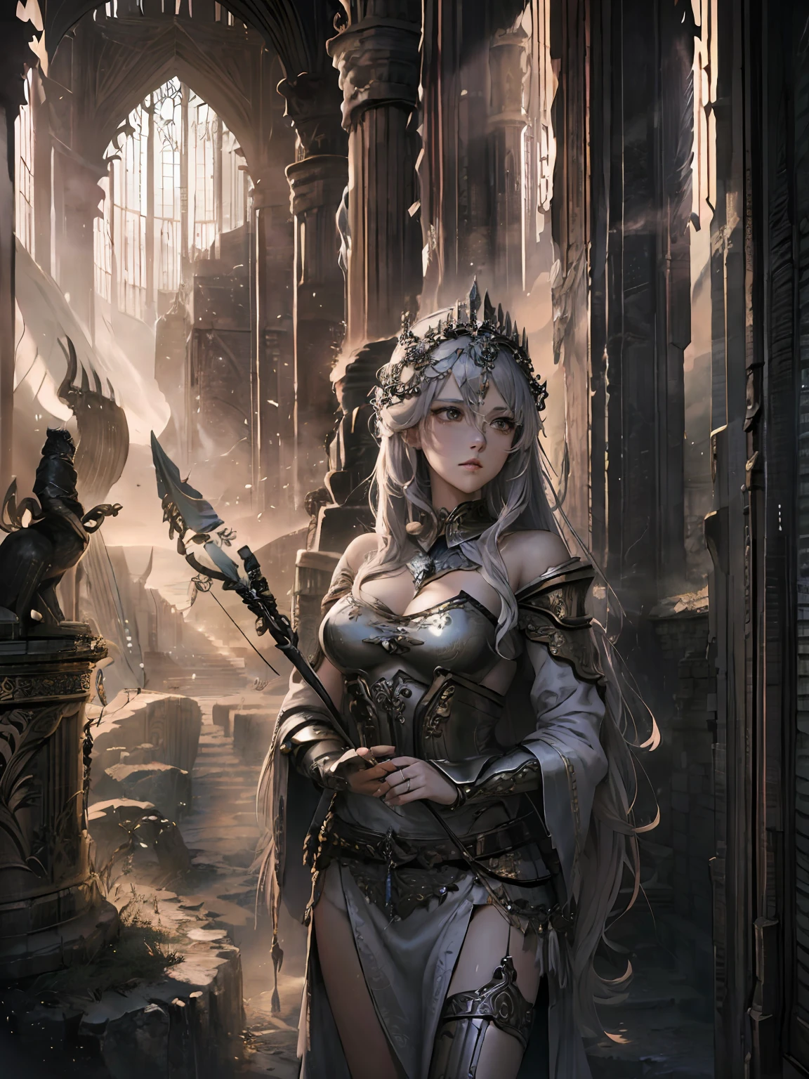 Moonlight sprinkles on the goddess of hunting,She stood in the middle of the night,holding a bow and arrow in his hands,The oversized bright moon illuminated her figure。She exudes divine majesty,Mysterious and cold,Behind you is a magnificent palace。The goddess's cheek was slightly scratched, There is a hint of scarring,Like the female warrior in Norse mythology。The rose garden and sanctuary set off her majesty。Super HD,Face HD。Silver,Noble, Expensive。Slightly rosy lips。 The overall tone is cool。
