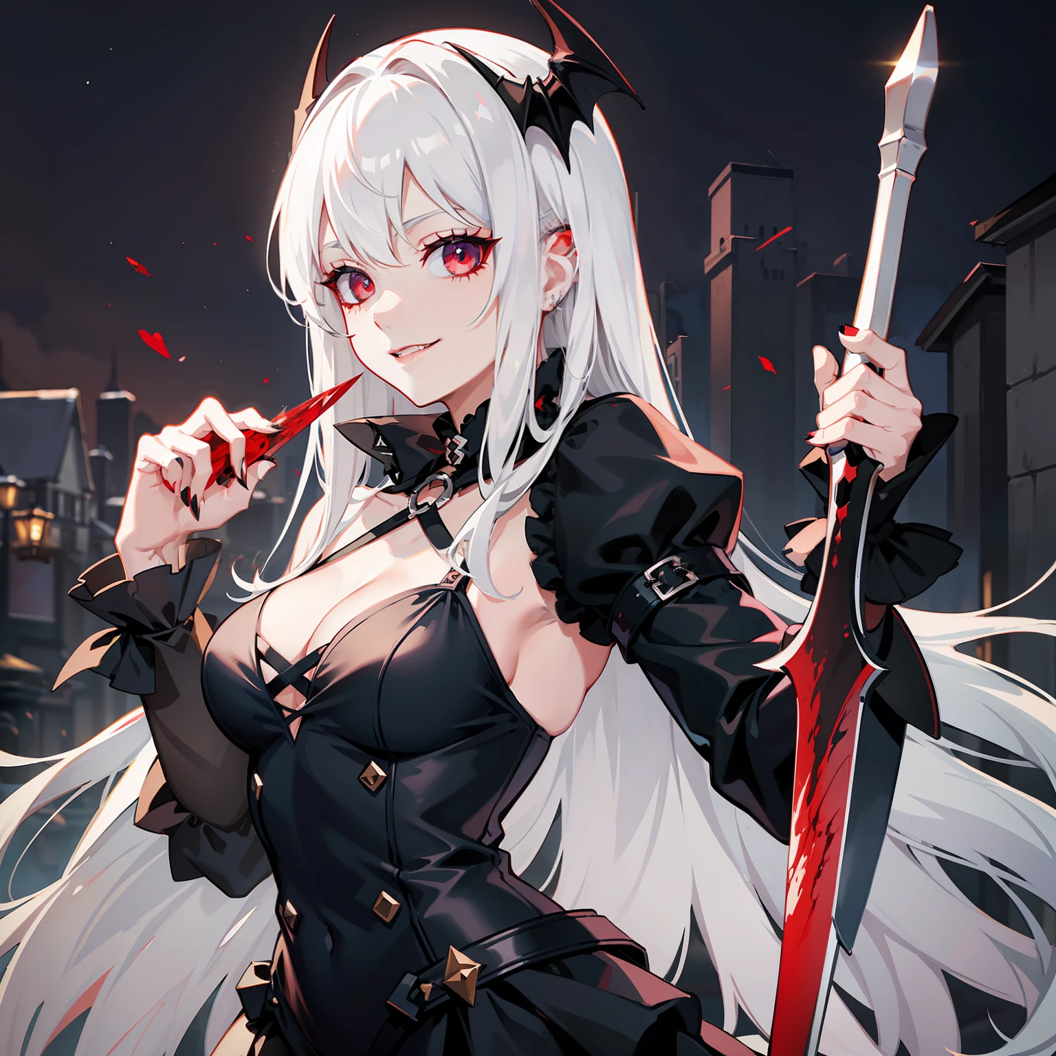 white haired vampire goddess, black fancy quin dress, dark horror house, night time, holds a sword with blood on it, evil smile face, cute vampire, 8k render