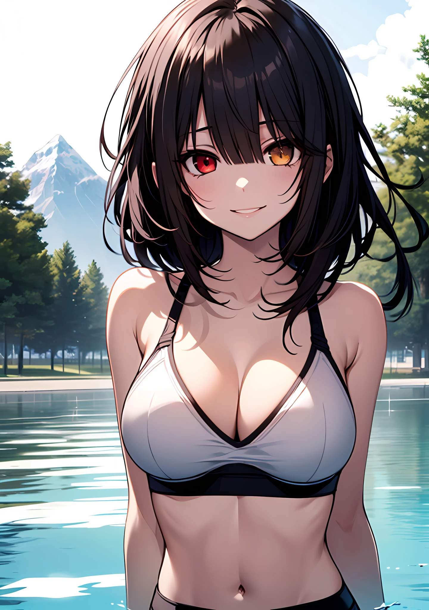 Masterpiece, high quality, 1girl, ((tokisaki kurumi)), monochrome, black hair, sport bra, ((right red eye:1, left yellow eye)), smile, perfect body, kawaii, swimming, beautiful body, kawaii face, looking at viewer, big boobs, mountain