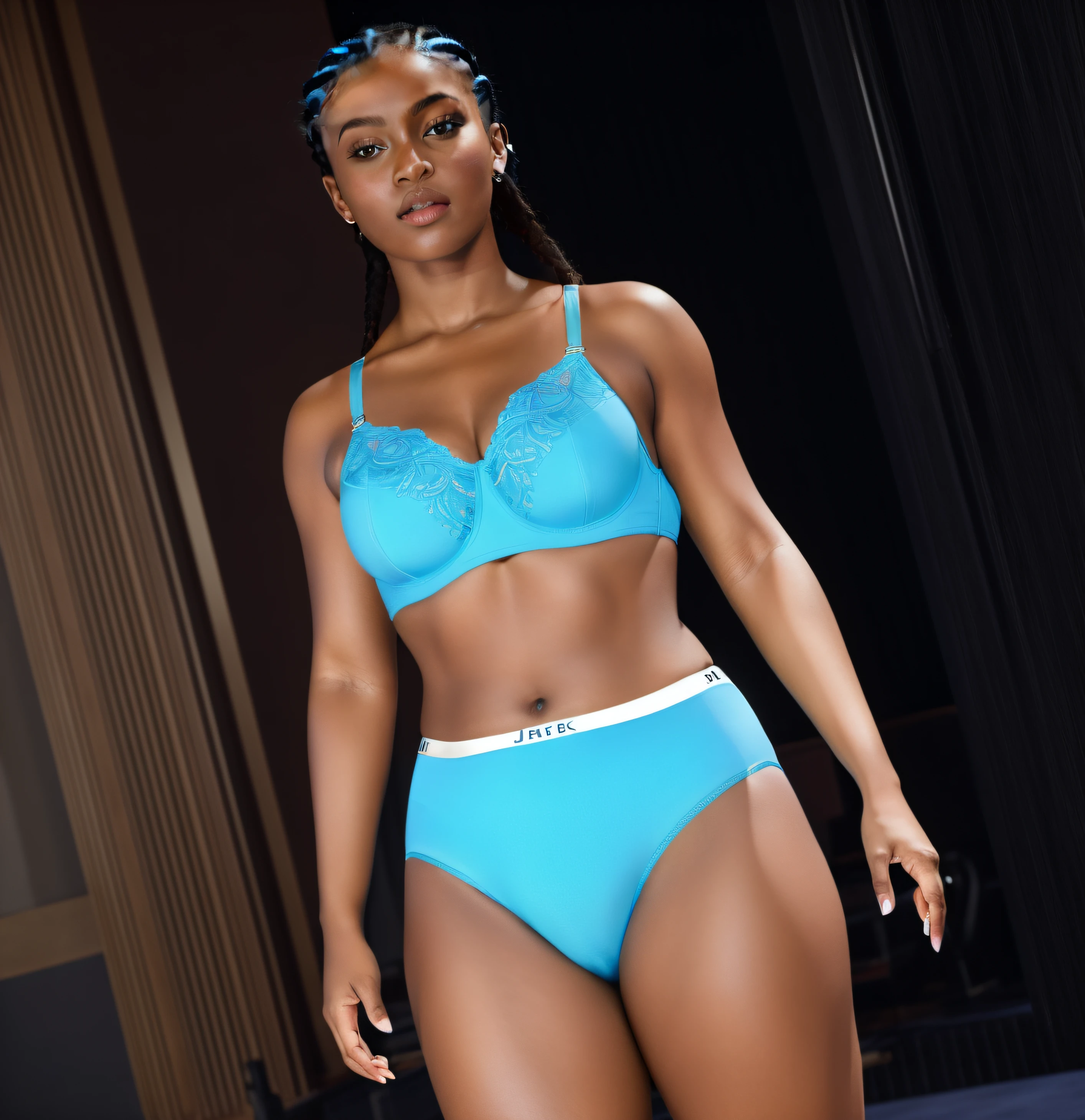 ((masterpiece, best quality)), (Curvy Black woman with cornrows in blue french cut jockey panties), blue bra, in a theater, high-leg briefs, photo realistic, intricate details