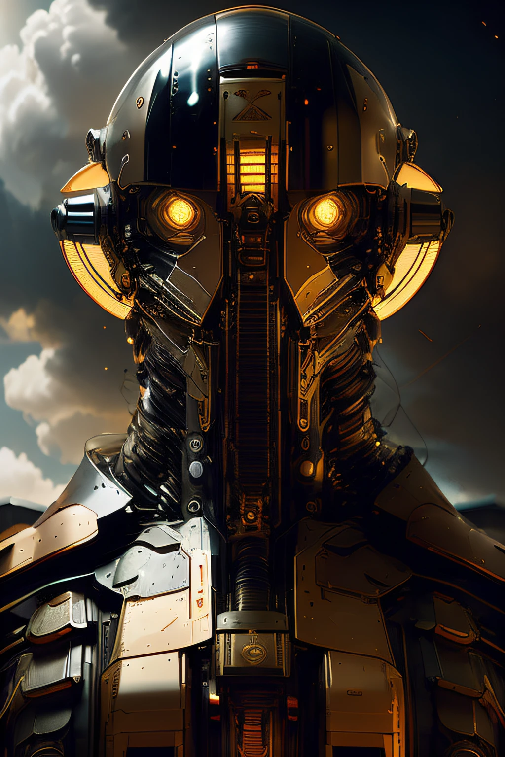 rz88mkultr4, a closeup of a robot , dark lighting, very symmetrical shot, laying white panels, from Behind, High quality, highly detailed, centered, solid colors, digital painting, artstation, concept art, smooth, sharp focus, illustration, summer vibrancy, lighting, by John Collier and Albert Aublet and Krenz Cushart and Artem Demura and Alphonse Mucha