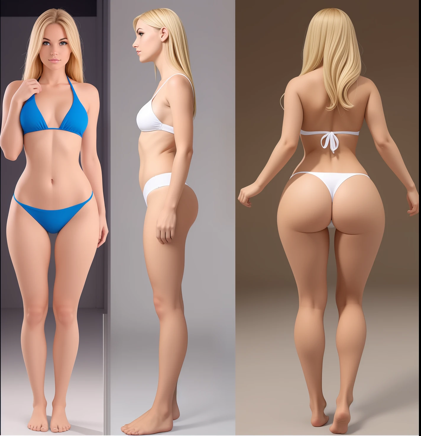 Extremely light white woman in bikini standing in front of a white background,Neotenia,olhos azuis, symmetrical pose, highly symmetric body parts, forma realista do corpo, realistic anatomical proportions, Forma perfeita do corpo, t pose, Pose de perfil de corpo inteiro, woman is curved, Forma perfeita do corpo symmetrica, partes proporcionais do corpo, forma detalhada do corpo, Pose de corpo inteiro,cabelo loiro claro liso muito longo,bunda grande arredondada,corpos perfeitamente proporcionais em todas as imagens,perfectly proportional and identical bodies,Fotorealista,imagem fotorealista,cintura fina,curvas acentuadas,seios grandes,ultra realista,pele perfeita,barefoot in all images