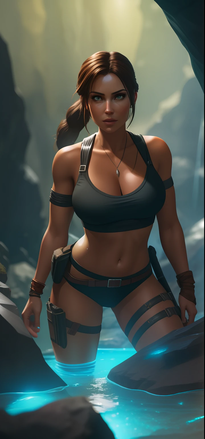 very beautiful detailed Lara Croft in the cave, Fabulously beautiful crystals, overdetalization, Unbelievable lighting, overdetalization, 8K, Unreal Engine 5, 3d визуализация, parallax, RTX, tmasterpiece, luminous minerals, volumetric glow, epic view, better lighting
