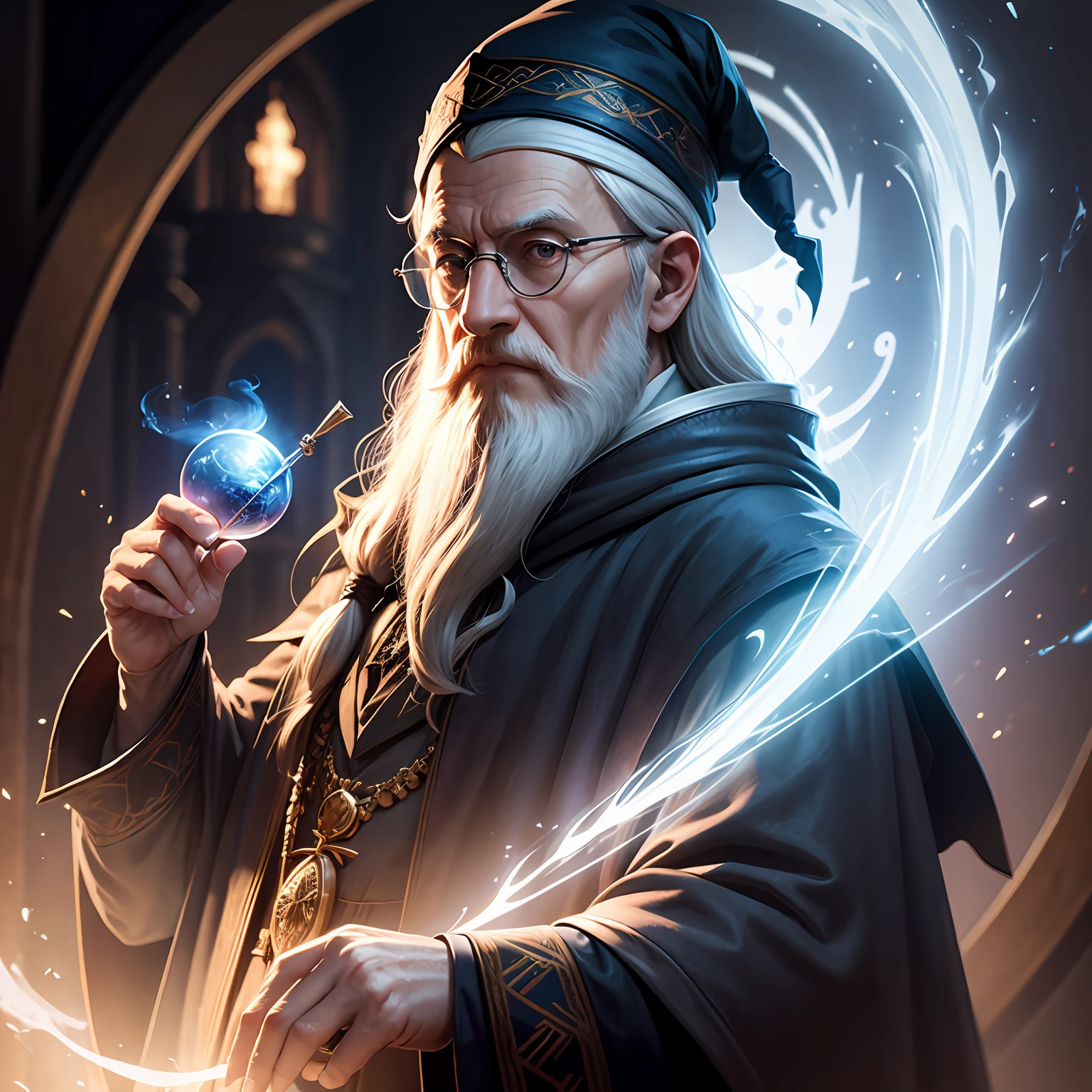dumbledore wizard (with rounded glasses), magic, realistic, (ultra quality), 8k, half body --auto