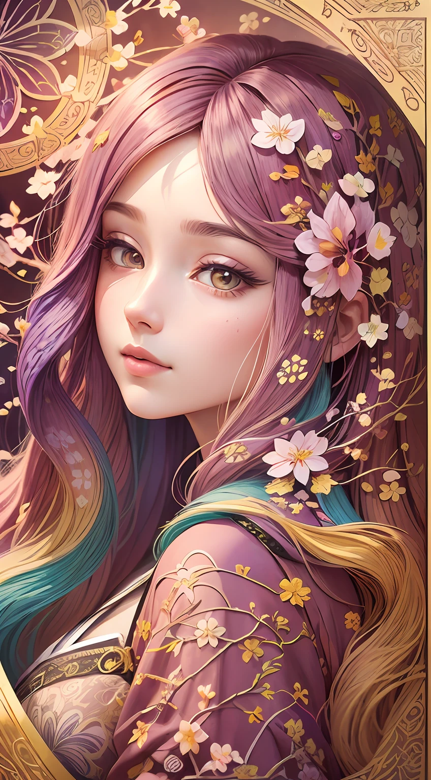 (illustration:1.3),paper art, zentangle,3D rendering,with rainbow colored background, fall season,(Beauty side face,Long colored hair:1.3),(plum blossom:1.2), Colorful, Best quality, Detailed details, Masterpiece, offcial art, Cinematic lighting effects, 4K,