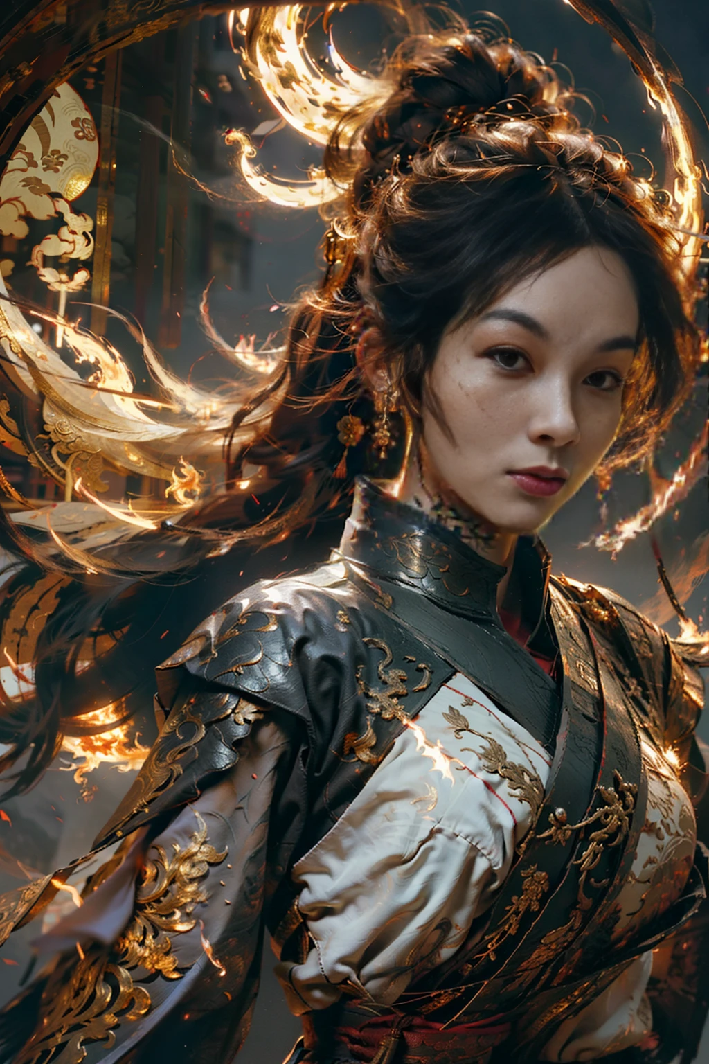 Best Quality, Masterpiece, Ultra High Resolution, (Realism: 1.4), Original Photo, 1Girl, Complex Textures, Gorgeous Armor, Chinese Weapon, Floating Sword, Fire, Light, Serious Expression, Complex Background, Chinese Palace